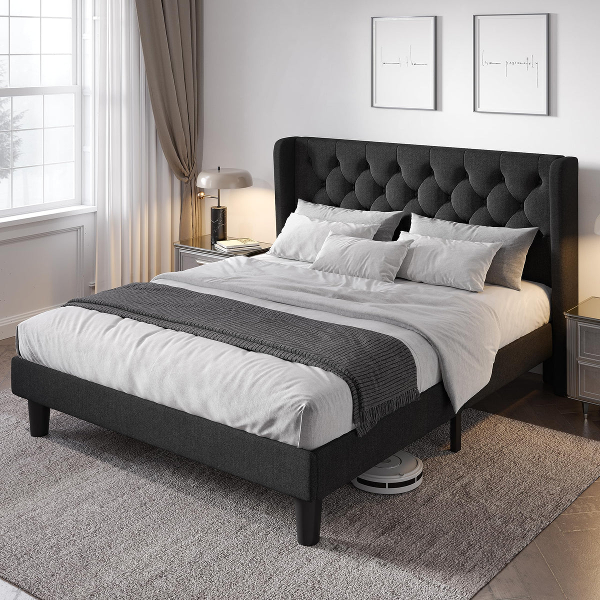 Allewie Queen Size Bed Frame With Button Tufted Wingback Headboard, Modern Upholstered Bed Frame With Solid Wooden Slats Support - No Box Spring Needed, Easy Assembly, Black