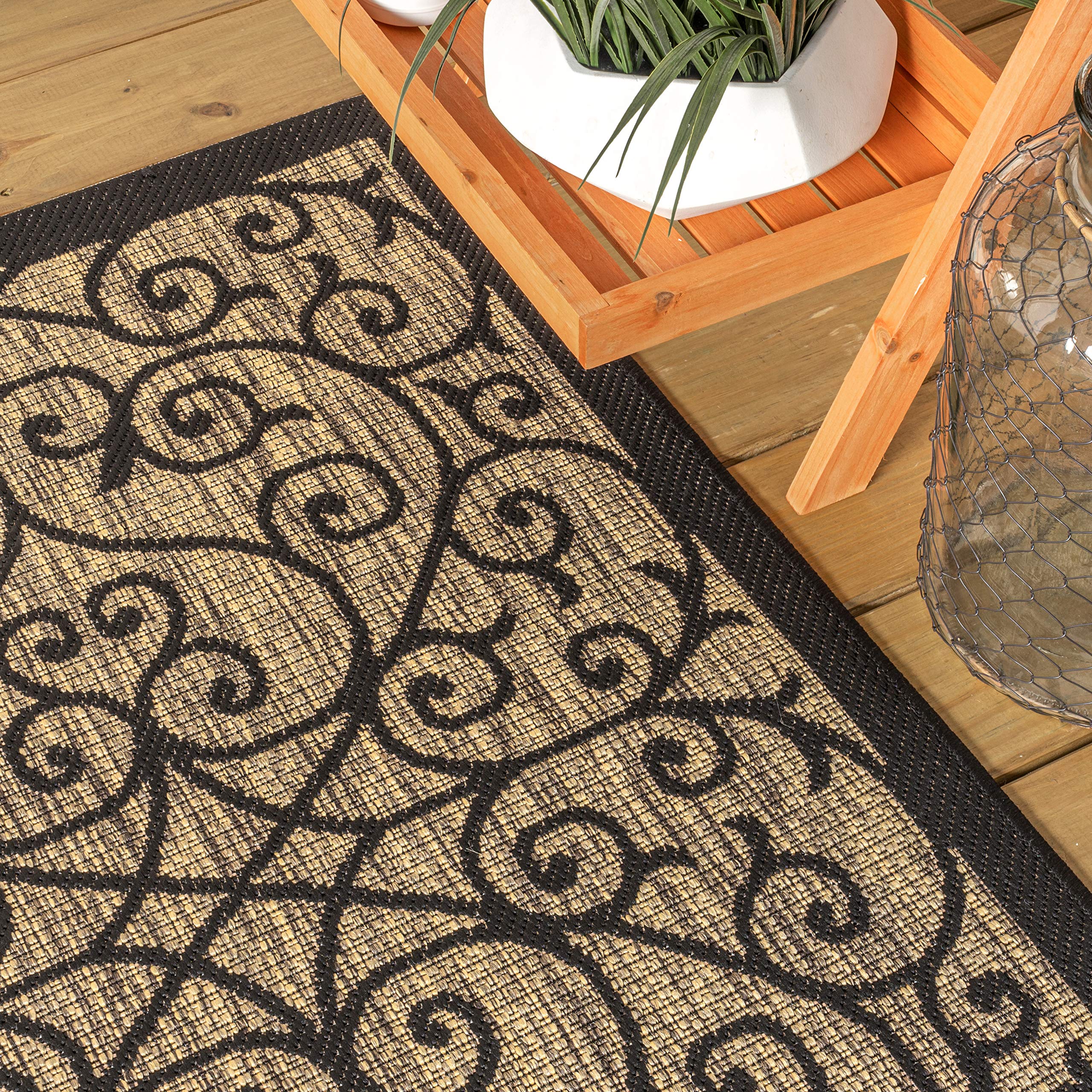 Jonathan Y Smb107A-6Sq Madrid Vintage Filigree Textured Weave Indoor Outdoor Area Rug Classic Coastal Easy Cleaning Bedroom Kitchen Backyard Patio Non Shedding, 6' Square, Black/Khaki