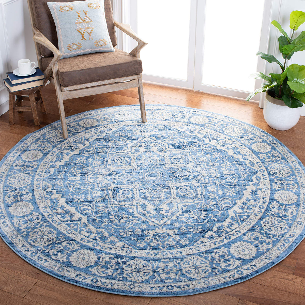 SAFAVIEH Brentwood Collection 6'7'' Round Ivory / Navy BNT832A Medallion Distressed Non-Shedding Dining Room Entryway Foyer Livi