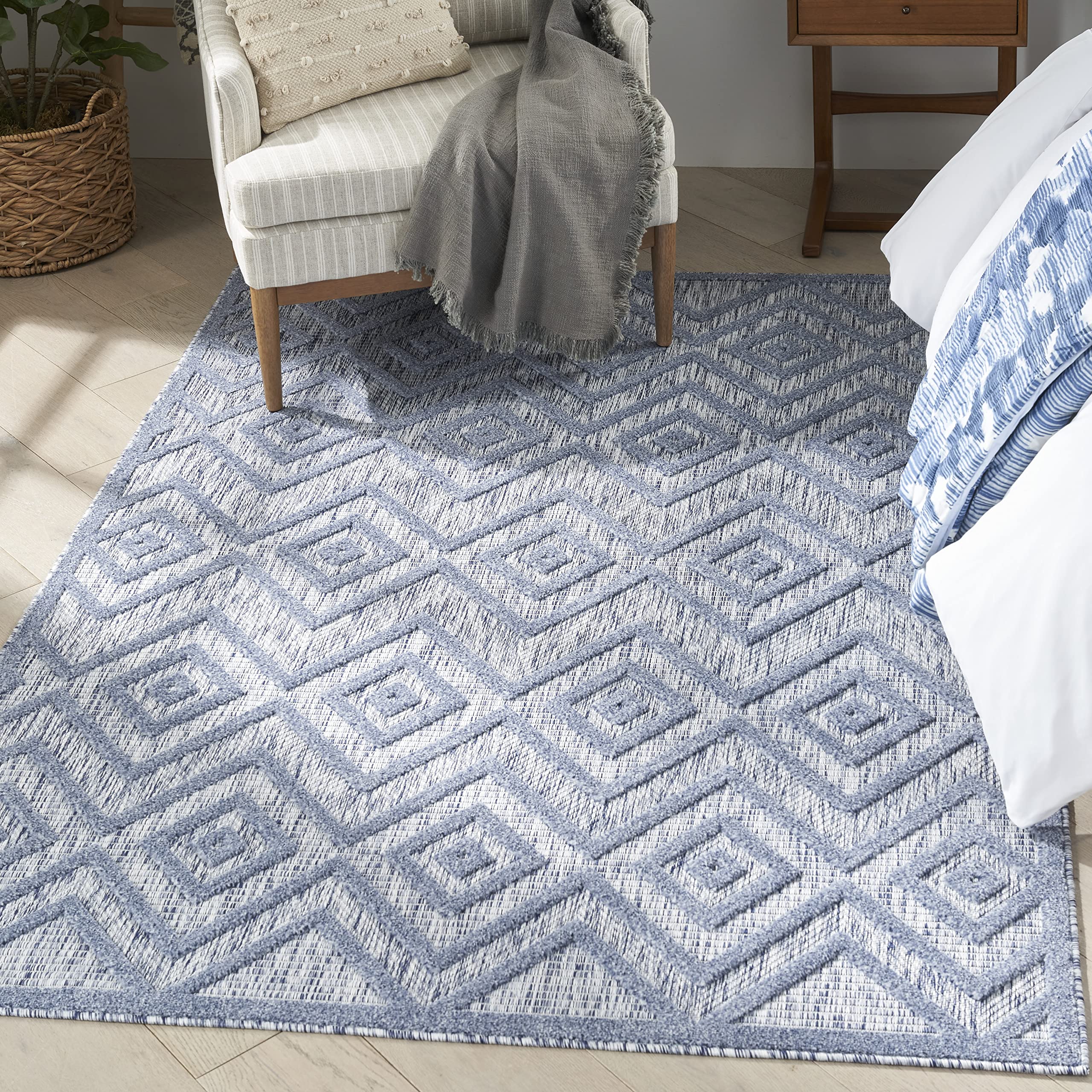 Nourison Versatile Indoor/Outdoor Denim Blue 5' X 7' Area Rug, Easy Cleaning, Non Shedding, Bed Room, Living Room, Dining Room, Deck, Backyard, Patio, High Traffic Area (5X7)