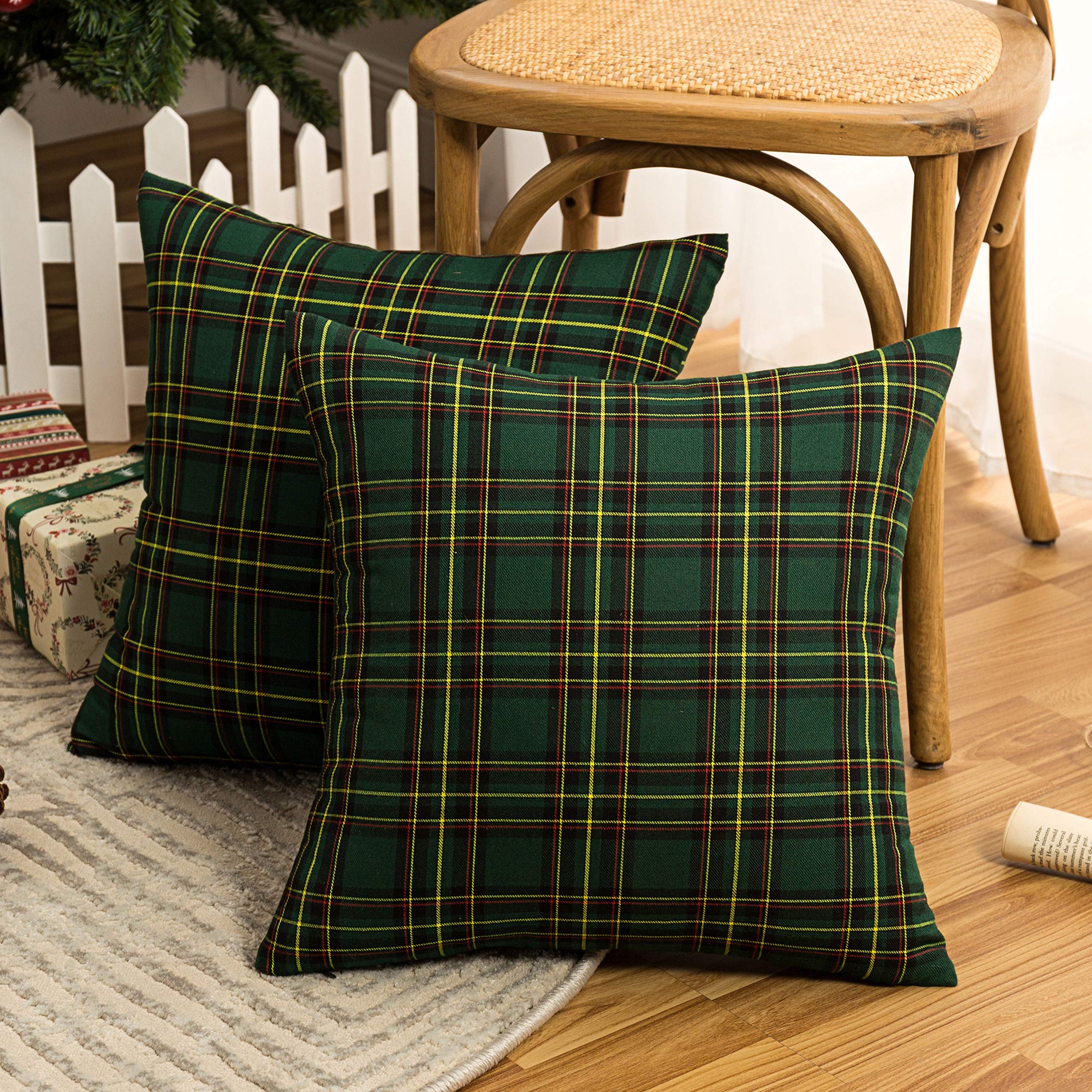 Pack Of 2 Christmas Plaid Decorative Throw Pillow Covers Scottish Tartan Cushion Case For Farmhouse Home Holiday Decor Green, 20