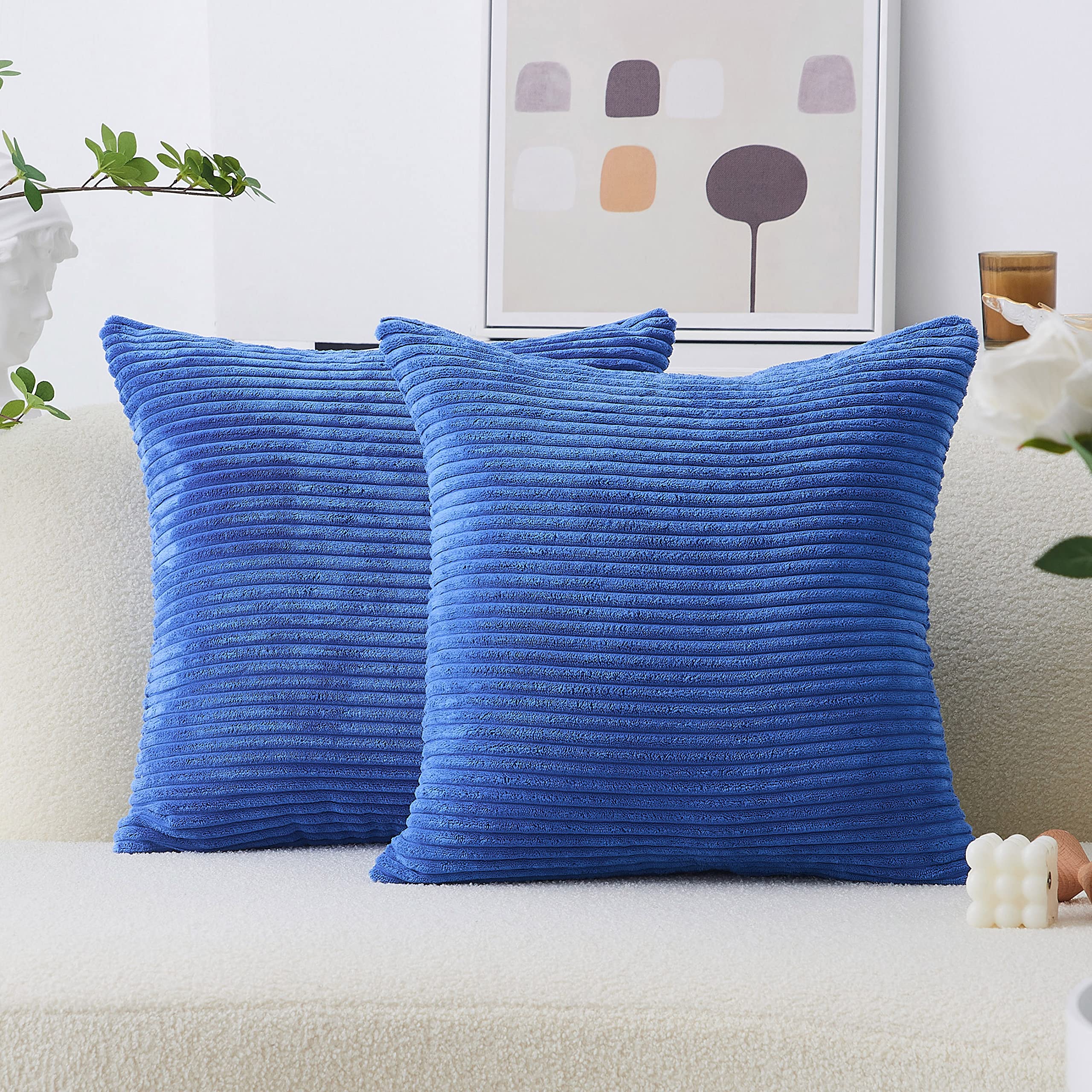 Home Brilliant Blue Euro Shams Set Of 2 Velvet Corduroy Decorative Throw Pillow Covers For Couch Sofa Bed, 26 X 26 Inch, Blue