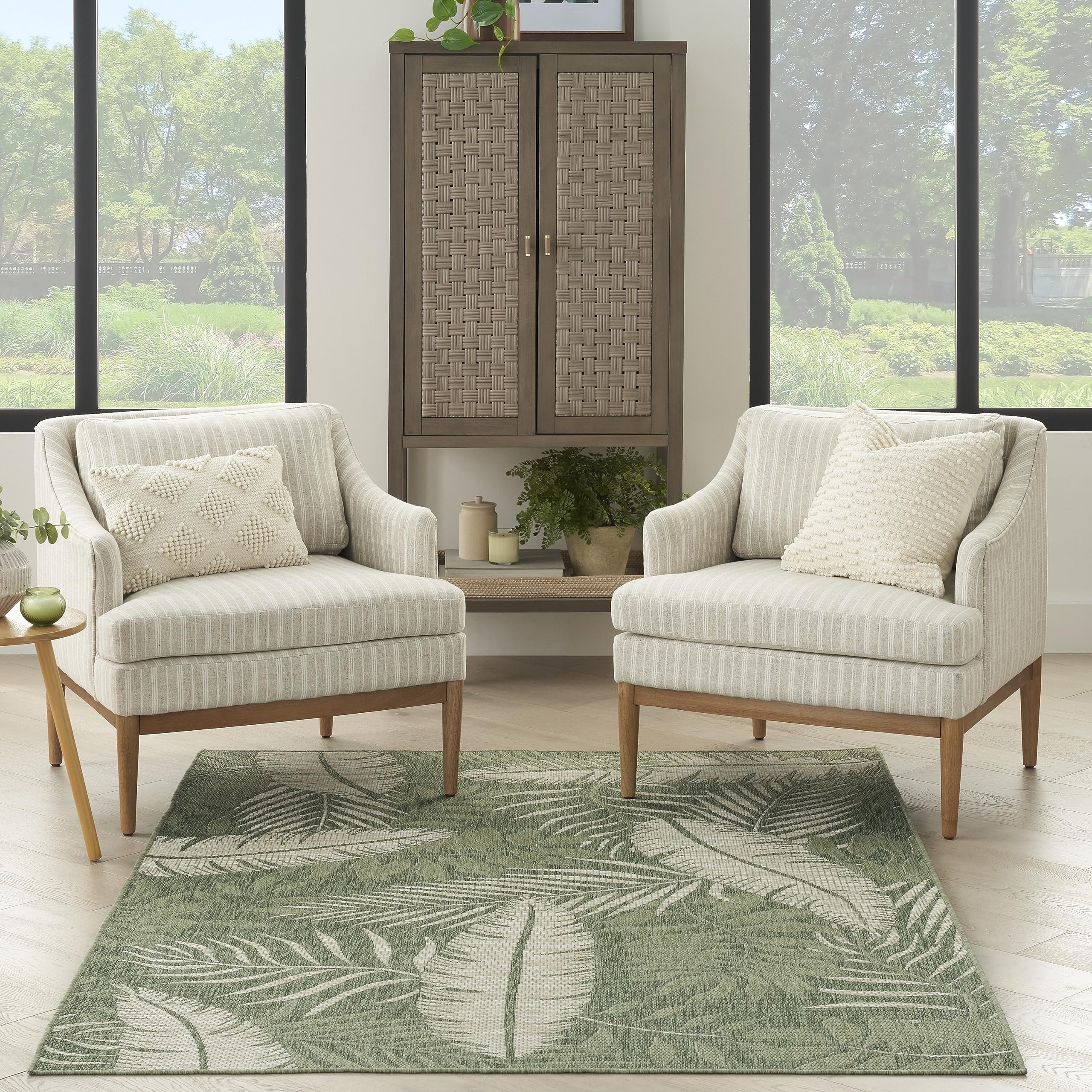 Nourison Garden Oasis Indoor/Outdoor Green Ivory 5 x 7 Area Rug, Easy Cleaning, Non Shedding, Bed Room, Living Room, Dining Ro