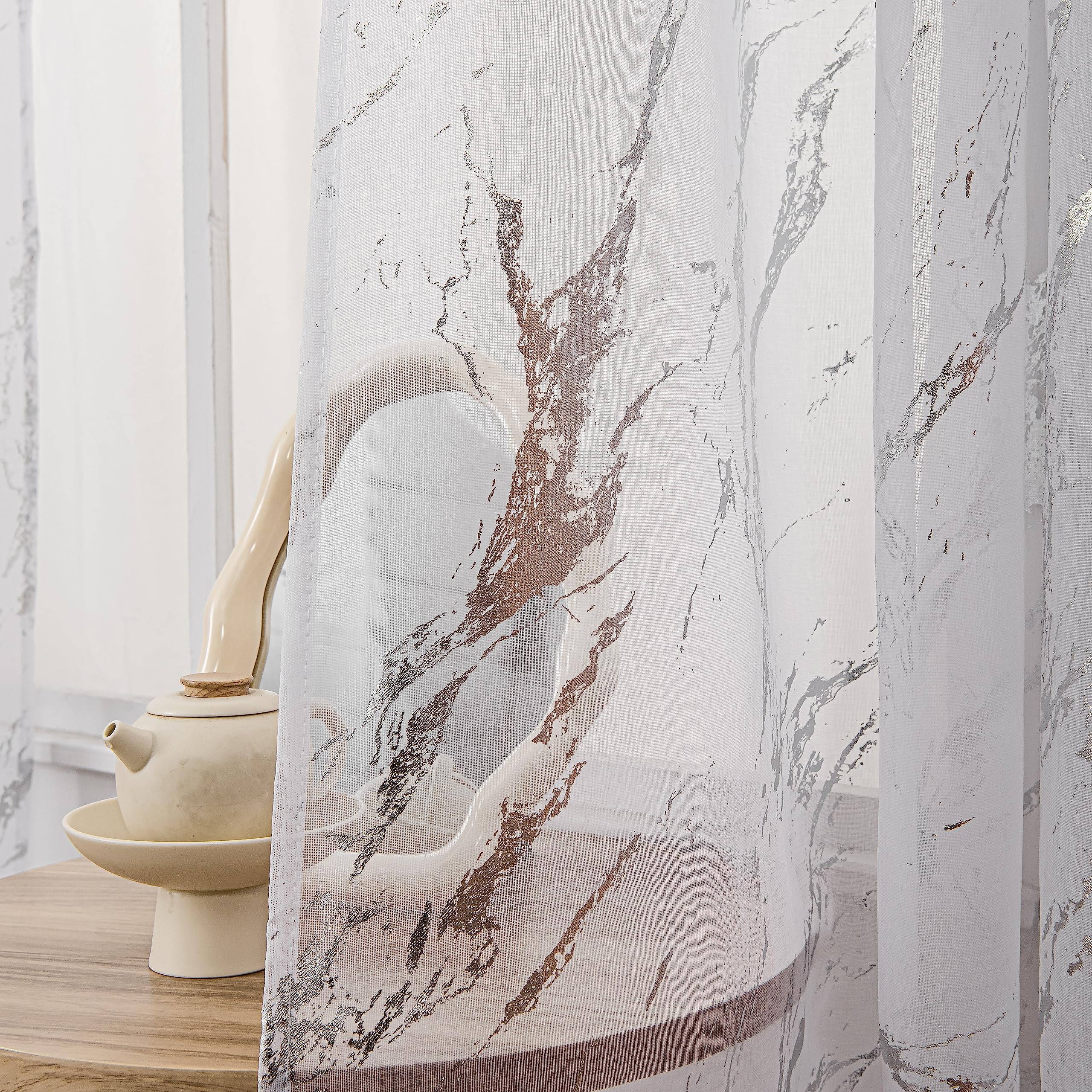 Sutuo Home Marble Sheer Curtains 63 Inch Length 2 Panels Set, Silver Print Metallic Bronzing, Privacy Window Treatment Abstract