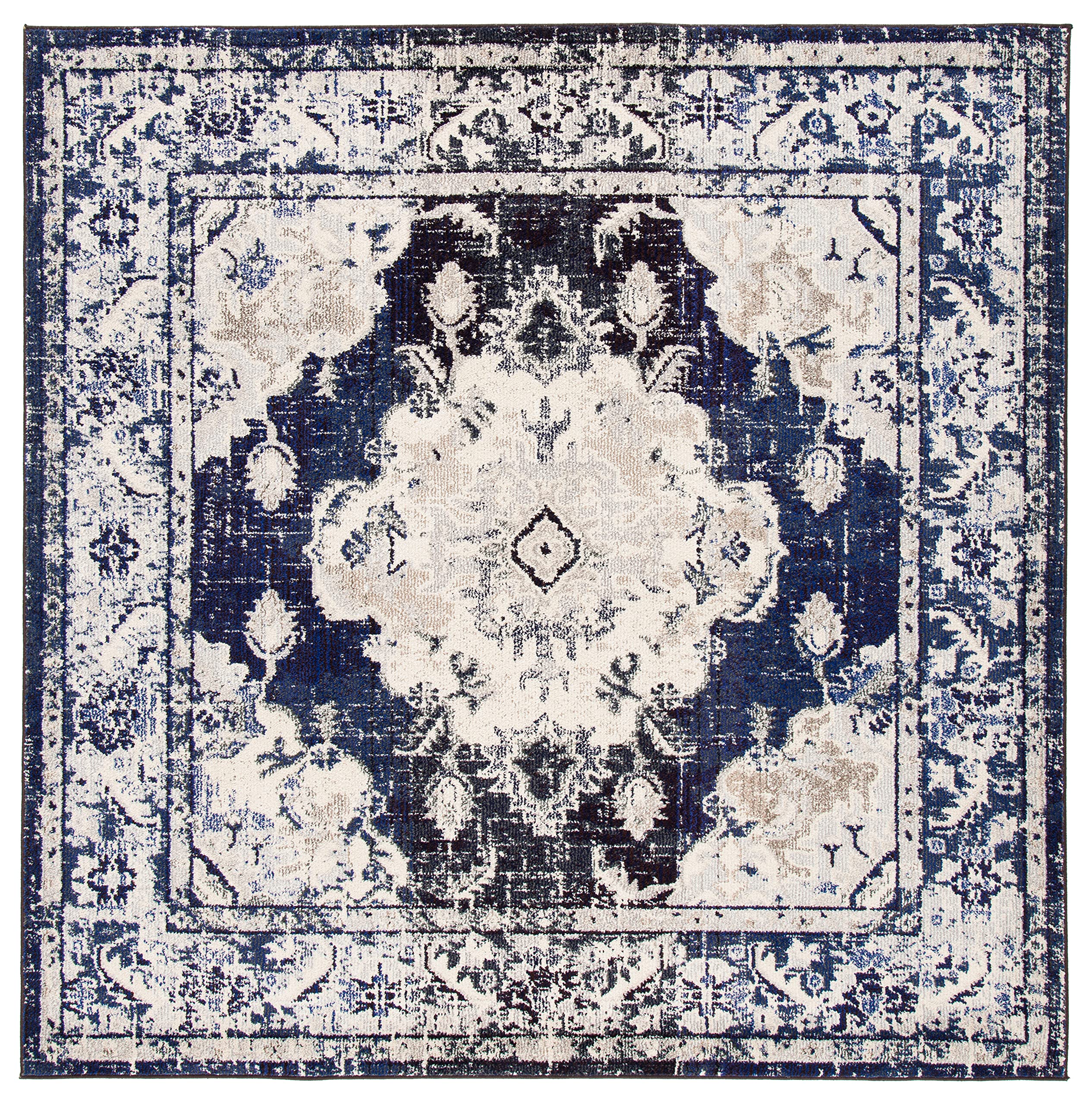SAFAVIEH Monaco Collection 67 Square Ivory / Navy MNC243C Boho Chic Medallion Distressed Non-Shedding Living Room Bedroom Dinin