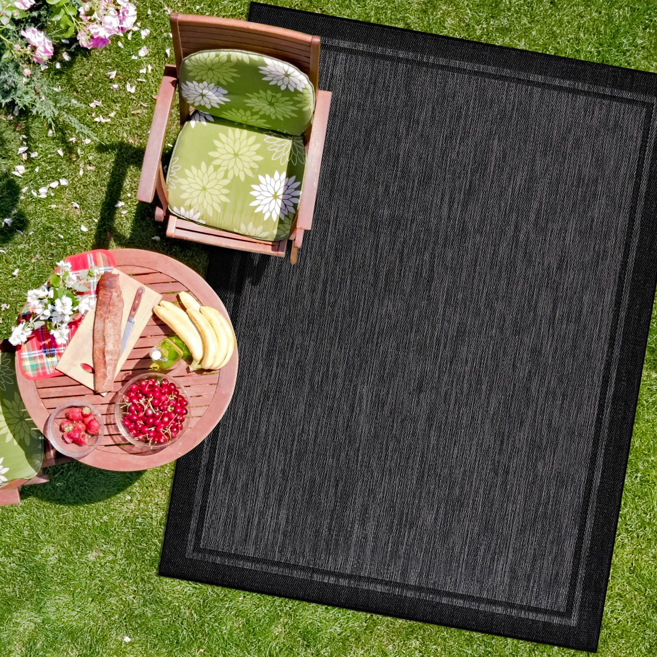 Camilson Indoor Outdoor Rug, 9X12 Bordered Dark Grey Black Modern Large Area Rugs For Indoor And Outdoor Patios, Kitchen And Hal