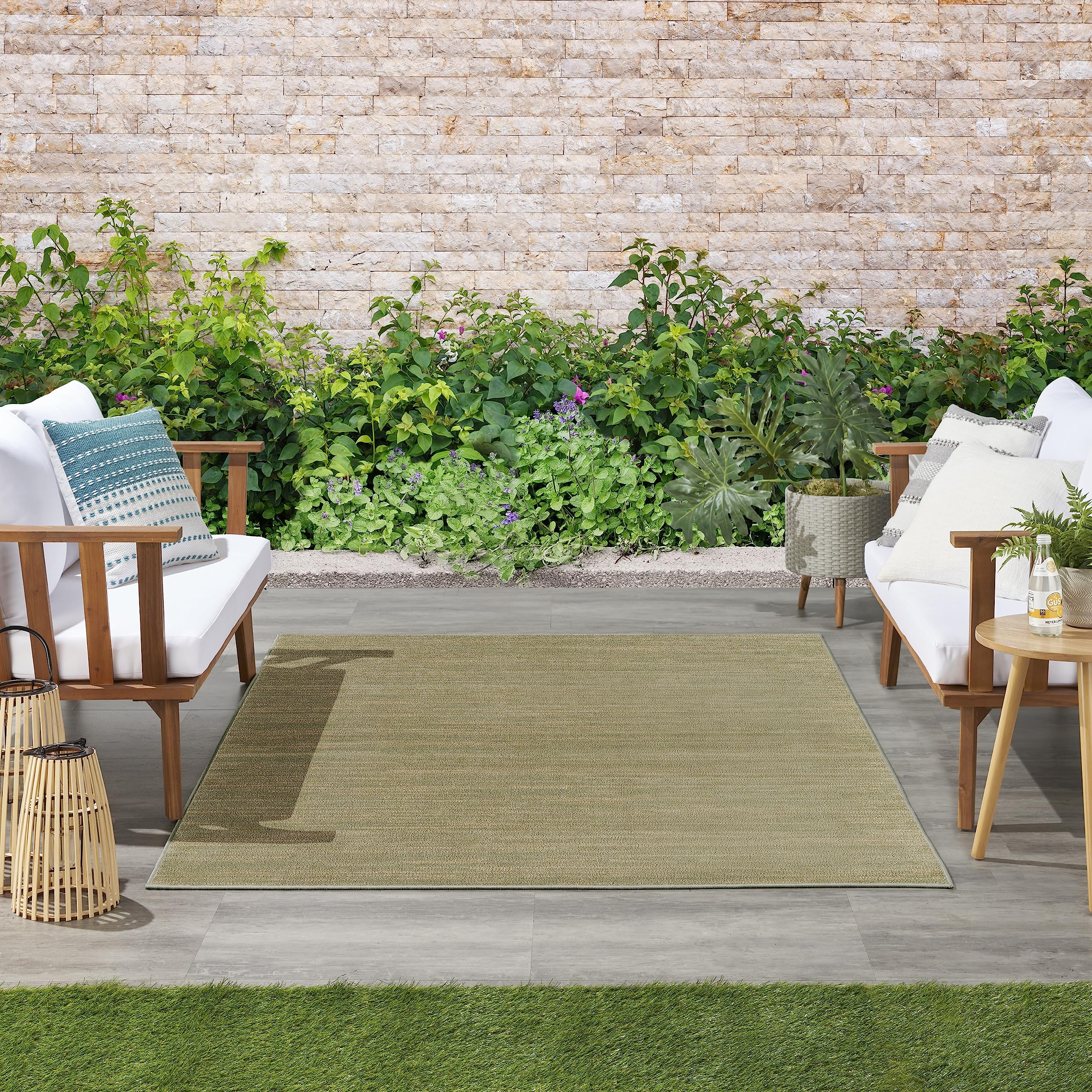 Nourison Essentials Indoor/Outdoor Green Gold 4' X 6' Area Rug, Easy Cleaning, Non Shedding, Bed Room, Living Room, Dining Room, Backyard, Deck, Patio (4X6)