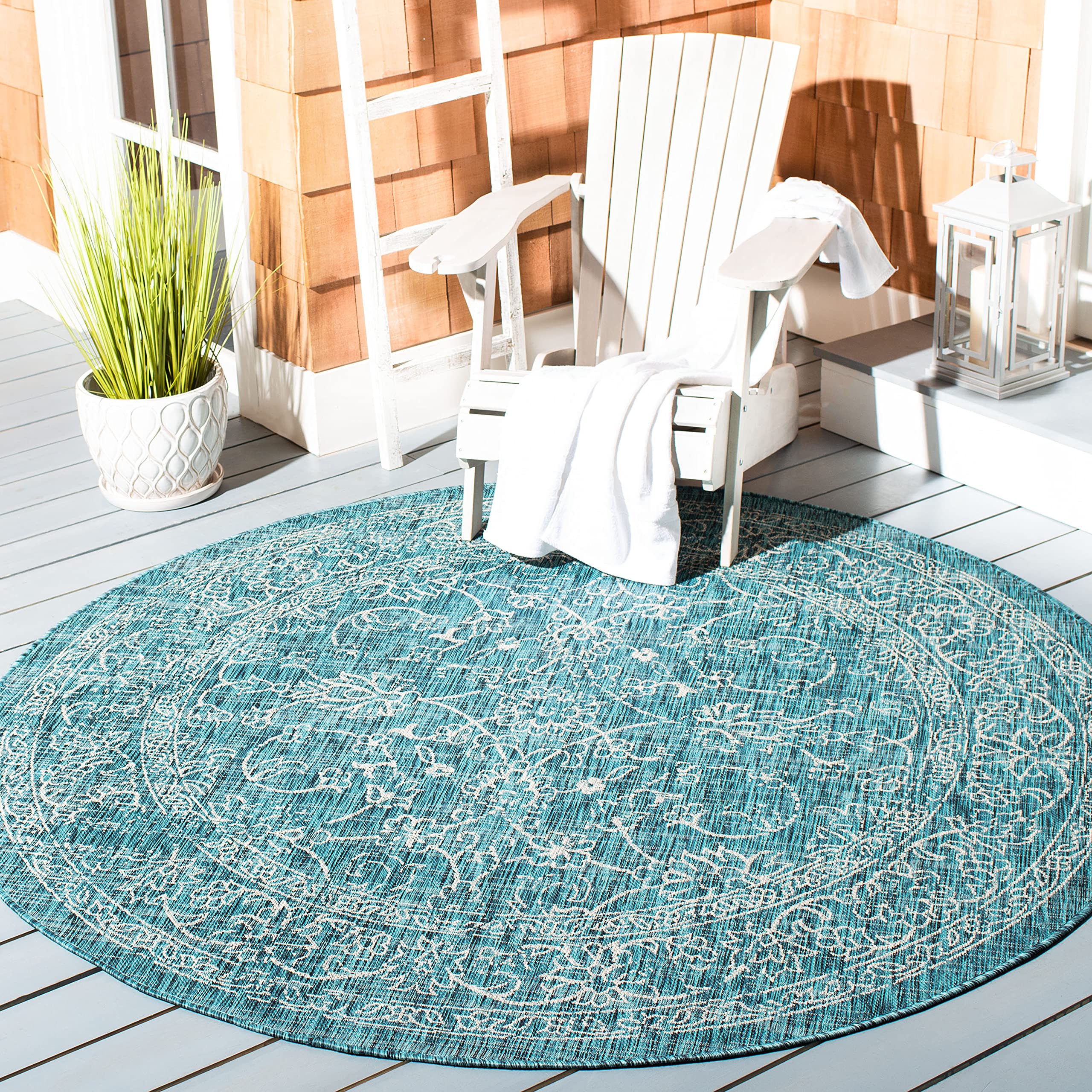 Safavieh Courtyard Collection 5'3' Round Turquoise Cy8680 Indoor/ Outside Waterproof Easy Cleansingpatio Backyard Mudroom Area