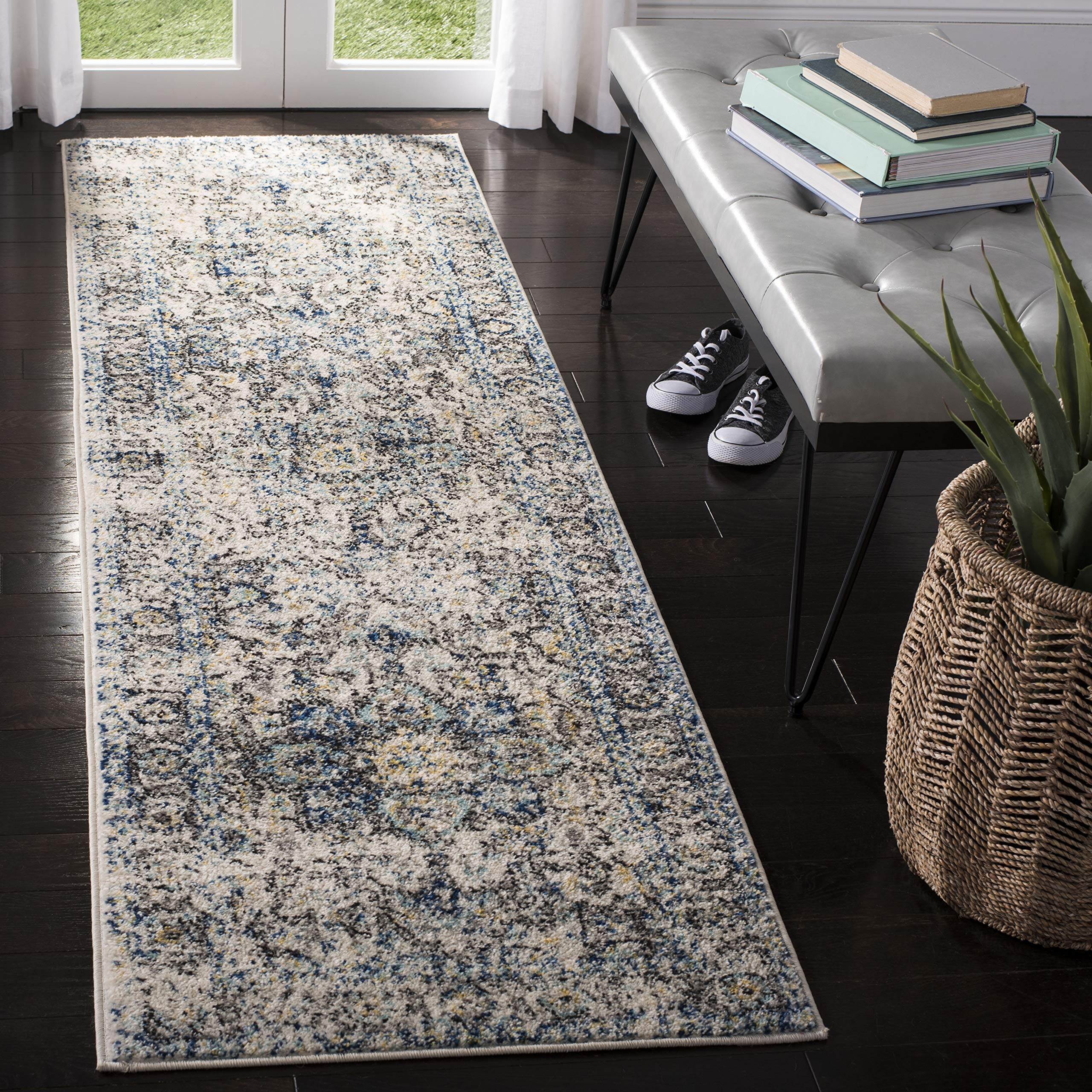 SAFAVIEH Madison Collection Runner Rug - 23 x 18, Turquoise & Ivory, Snowflake Medallion Distressed Design, Non-Shedding & Eas