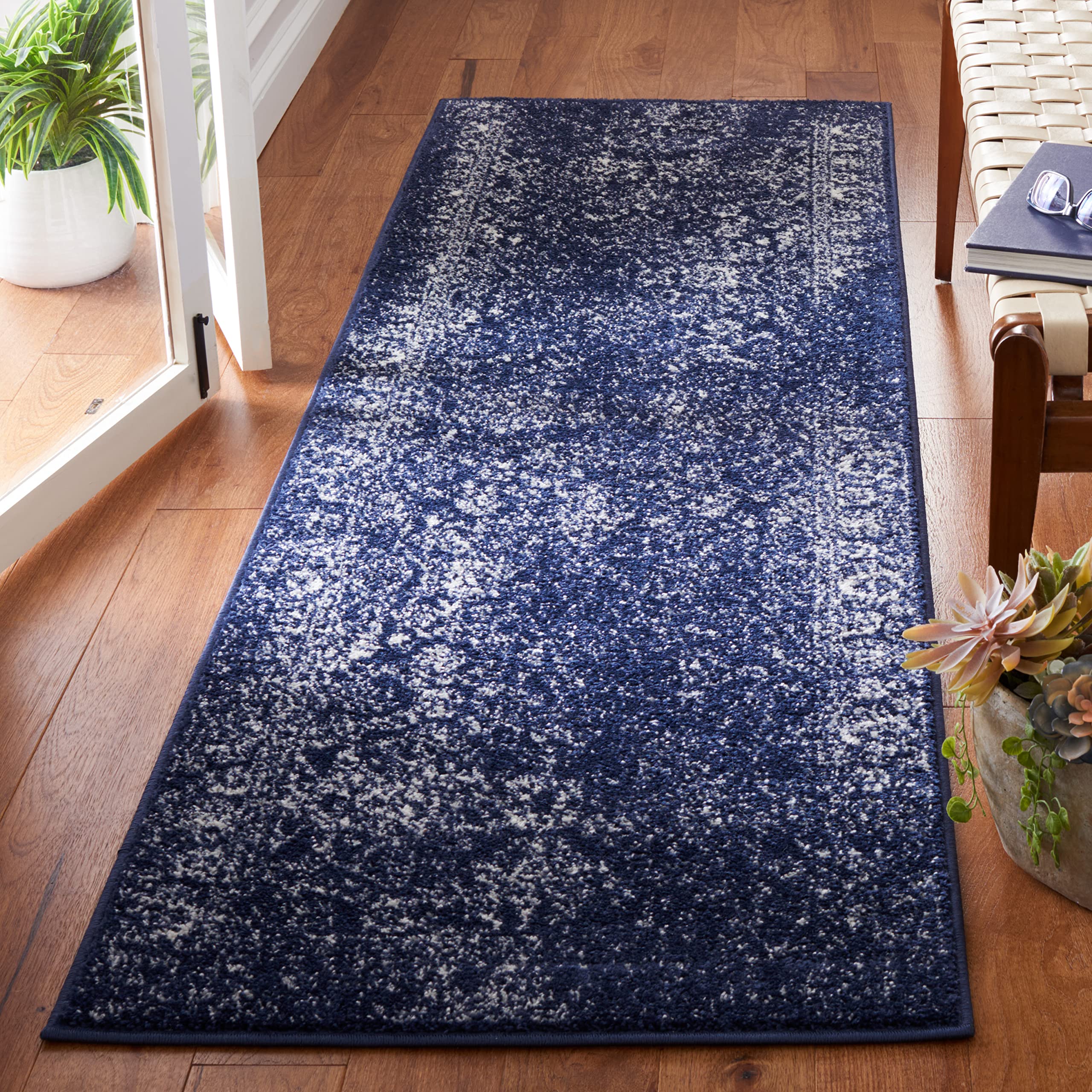 SAFAVIEH Adirondack Collection Runner Rug - 26 x 18, Navy & Ivory, Oriental Distressed Design, Non-Shedding & Easy Care, Ideal