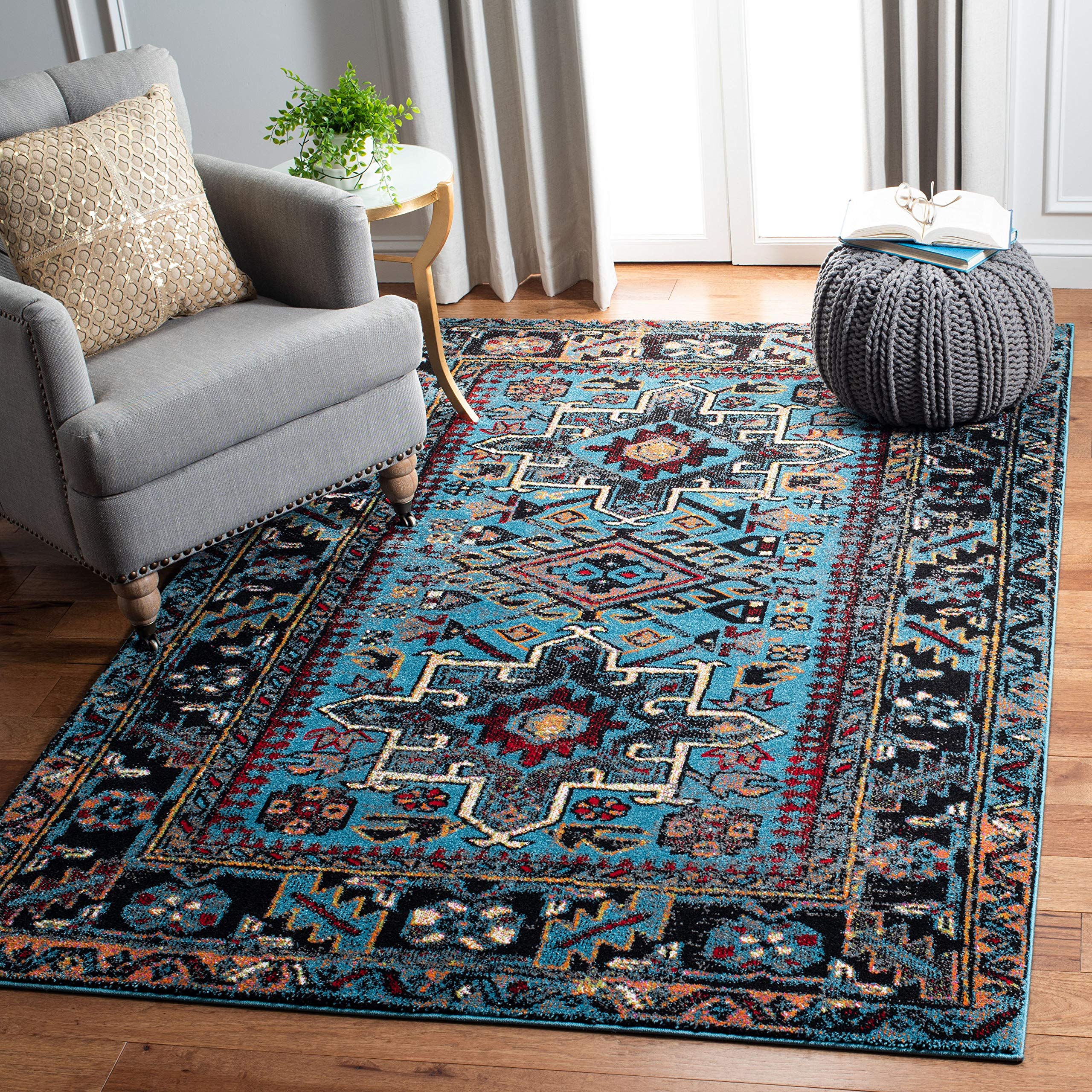 SAFAVIEH Vintage Hamadan Collection 67 Square Light Blue / Black VTH211M Oriental Traditional Persian Non-Shedding Living Room 
