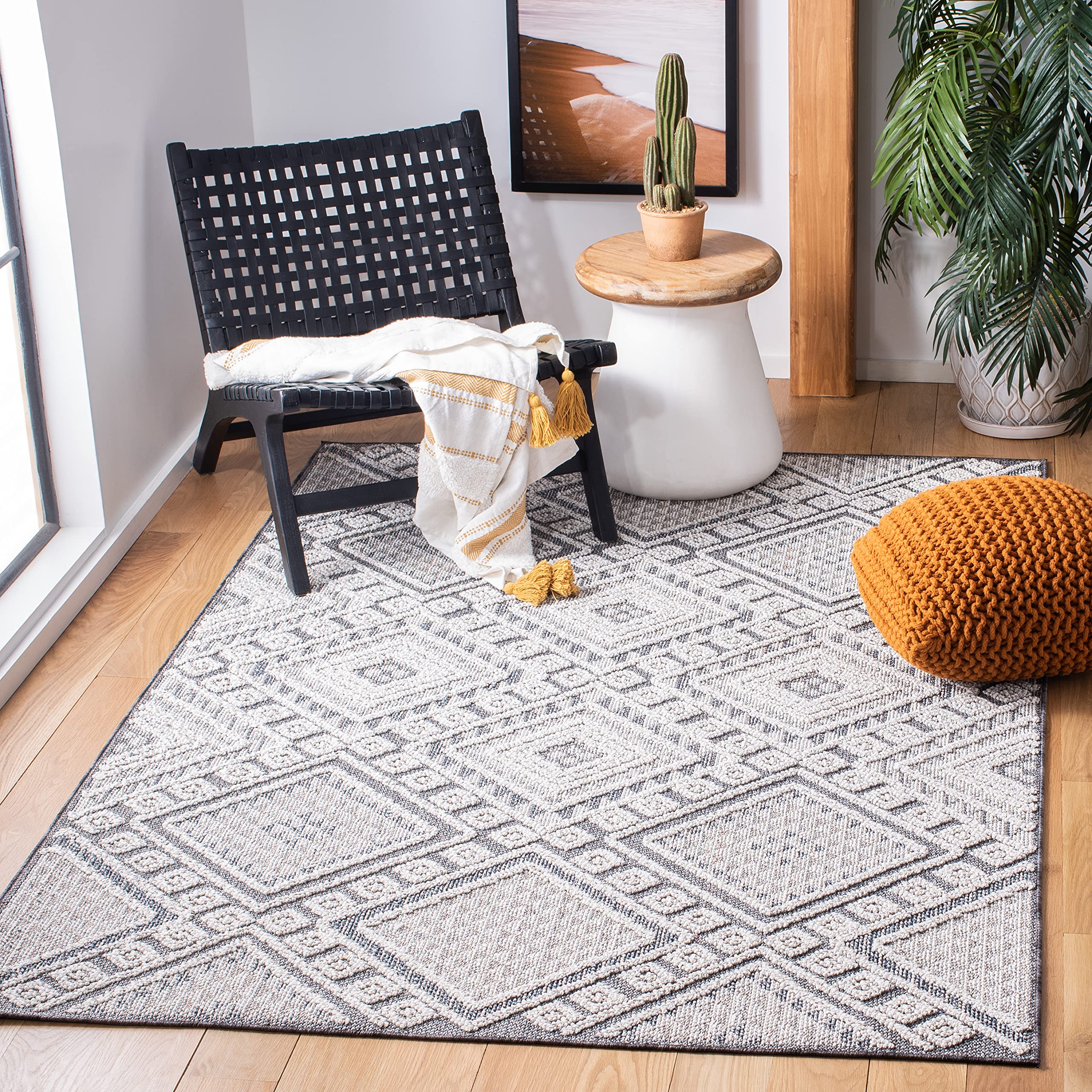 SAFAVIEH Courtyard Collection 23 x 22 Grey/Bone CY6062 Stripe Indoor/ Outdoor Patio Backyard Mudroom Runner Rug