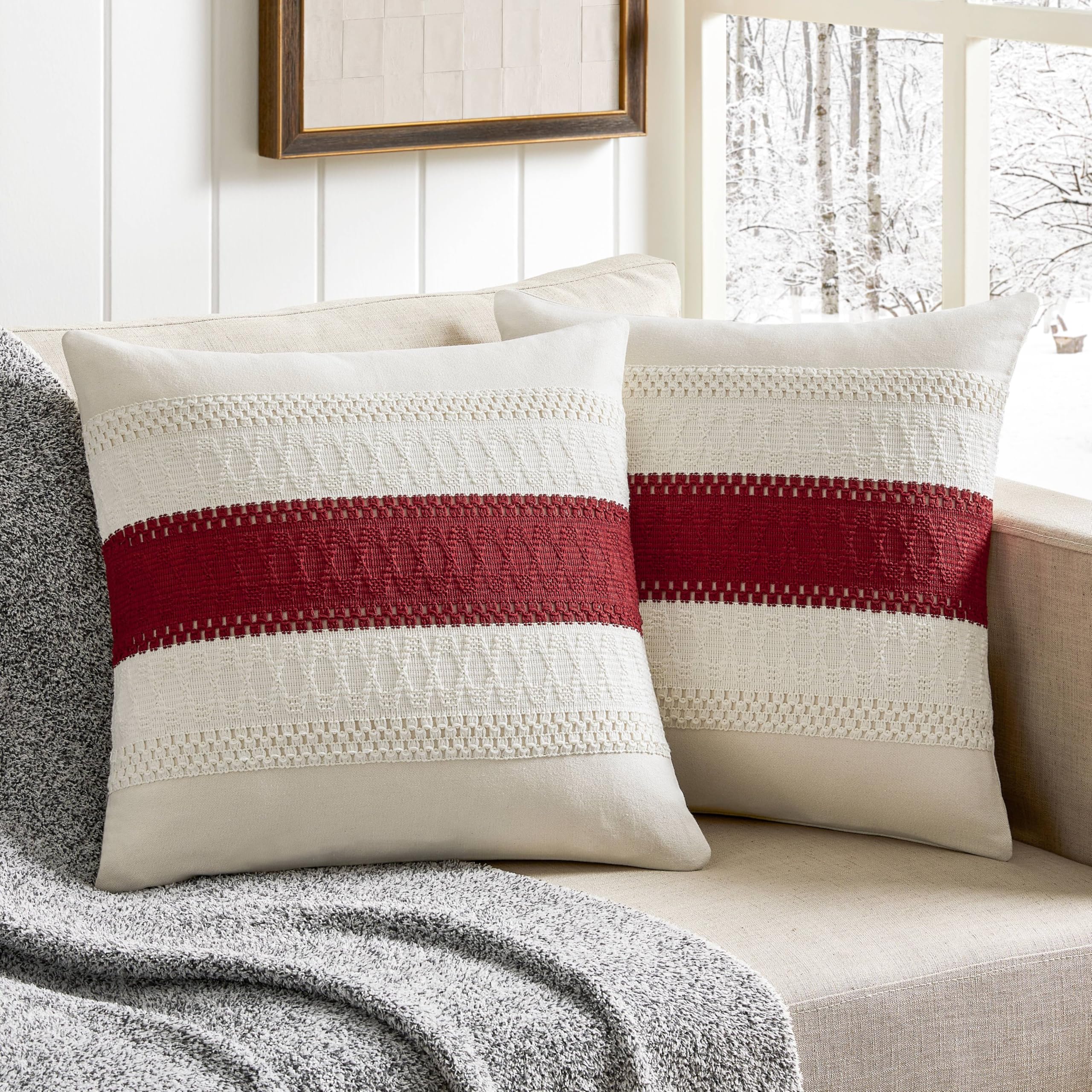 Zeemart 2 Packs Cotton Boho Christmas Pillow Covers 18X18 Inch Contrast/Red, Soft Farmhouse Decorative Couch Pillow Cases Red Cushion Covers For Sofa Bed Living Room Home Decor