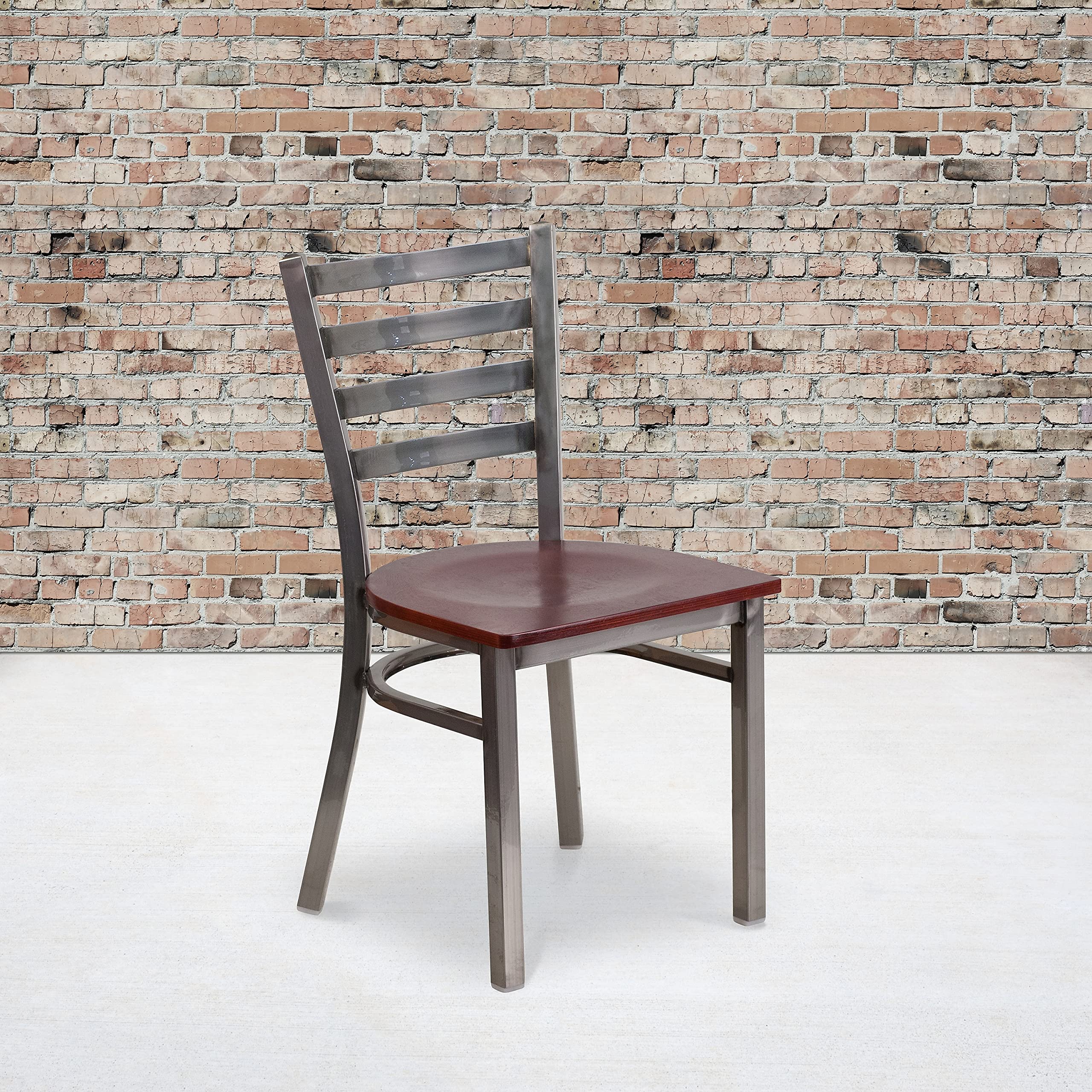 Flash Furniture Hercules Series Clear Coated Ladder Back Metal Restaurant Chair - Mahogany Wood Seat