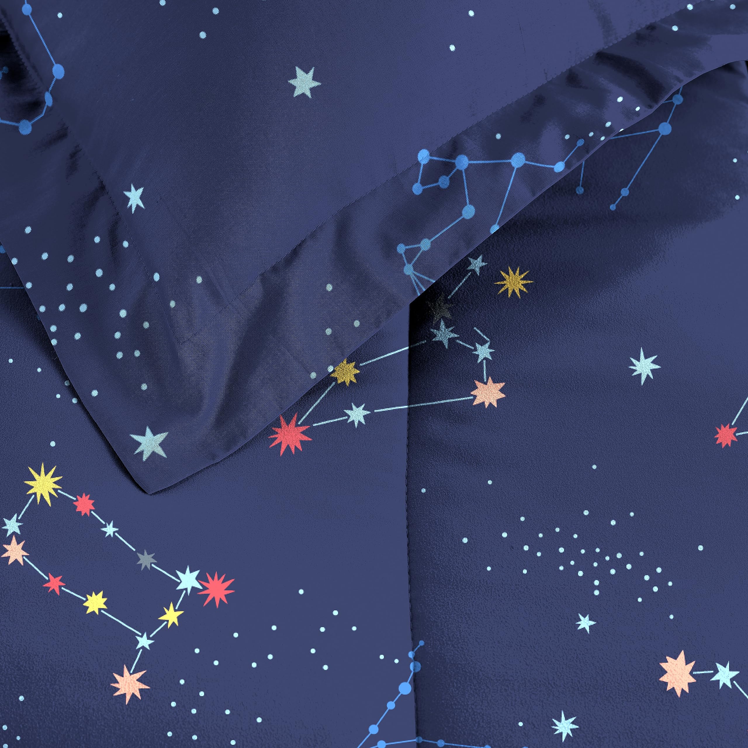 Dream Factory Kids 7-Piece Complete Bed Set Easy-Wash Super Soft Microfiber Comforter Bedding, Full, Navy Blue Zodiac