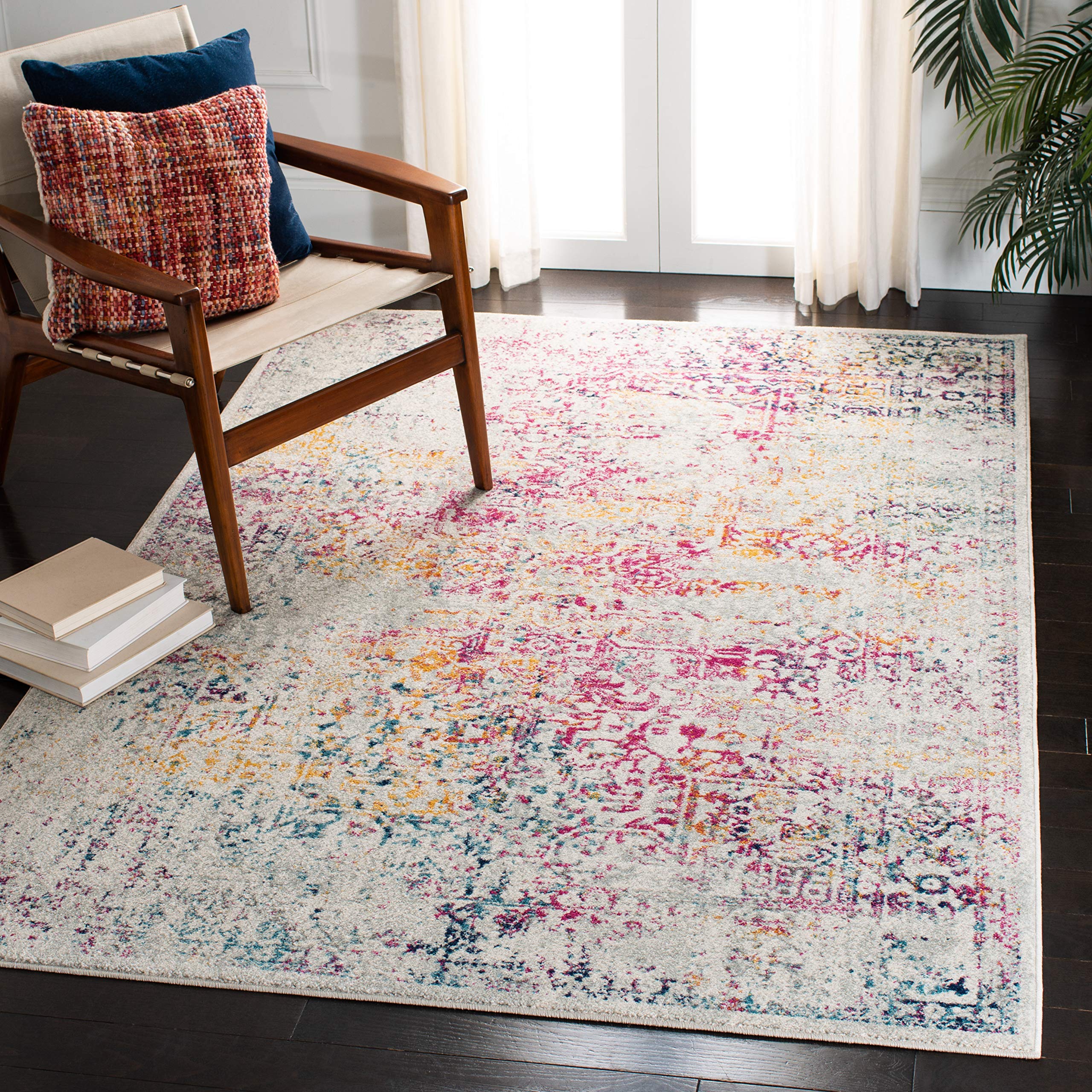 SAFAVIEH Evoke Collection 3 x 5 Ivory / Fuchsia EVK256Q Oriental Distressed Non-Shedding Living Room Bedroom Accent Rug