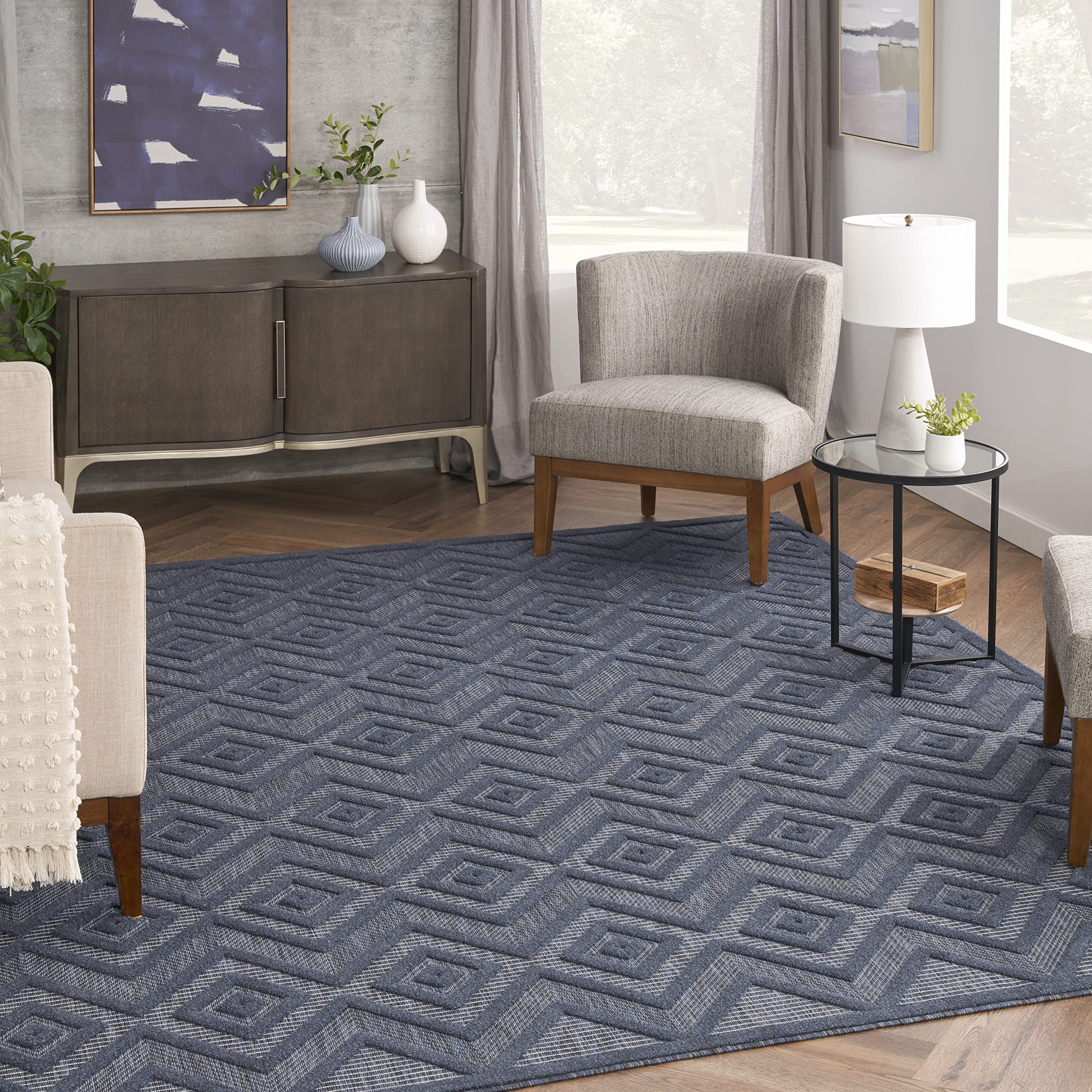 Nourison Versatile Indoor/Outdoor Navy Blue 8' X 10' Area Rug, Easy Cleaning, Non Shedding, Bed Room, Living Room, Dining Room, Deck, Backyard, Patio, High Traffic Area (8X10)