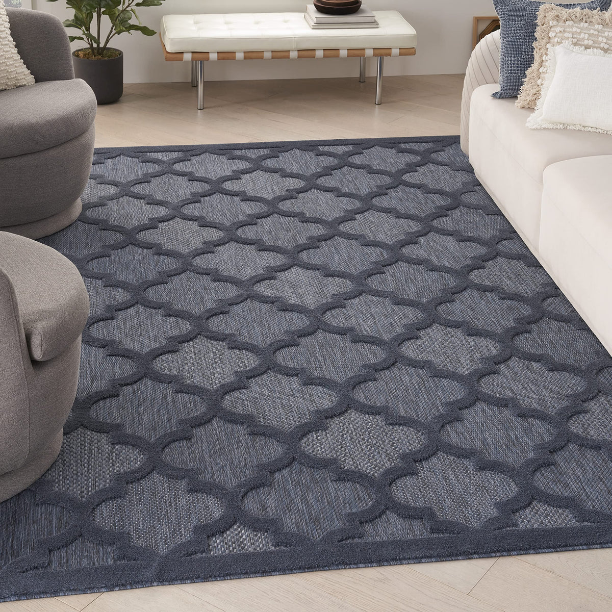 Nourison Easy Care Moroccan Navy Blue 9' X 12' Area Rug, Trellis, Easy Cleaning, Non Shedding, Bed Room, Living Room, Dining Roo