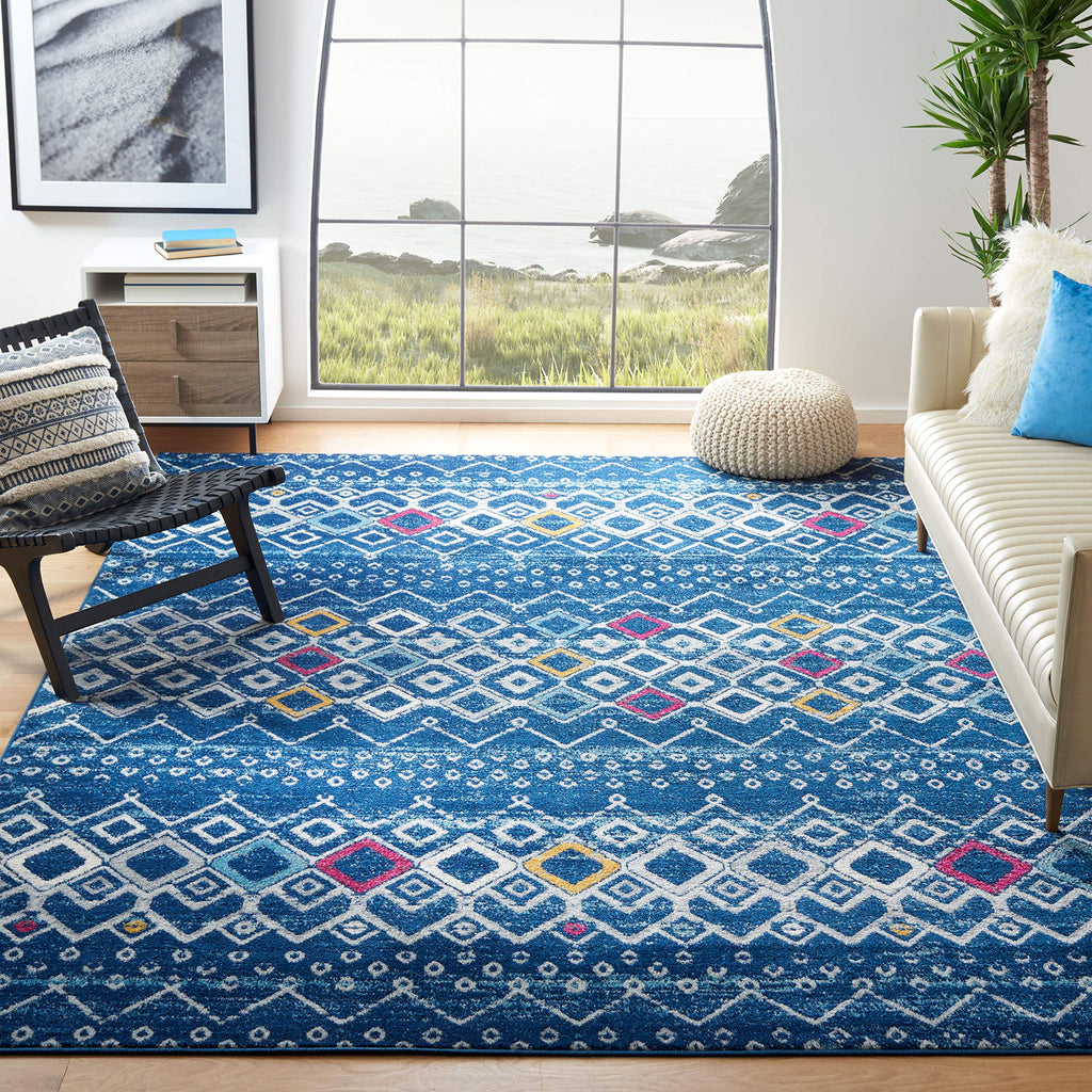 SAFAVIEH Amsterdam Collection Area Rug - 6'7'' Square, Navy & Turquoise, Moroccan Boho Design, Non-Shedding & Easy Care, Ideal f