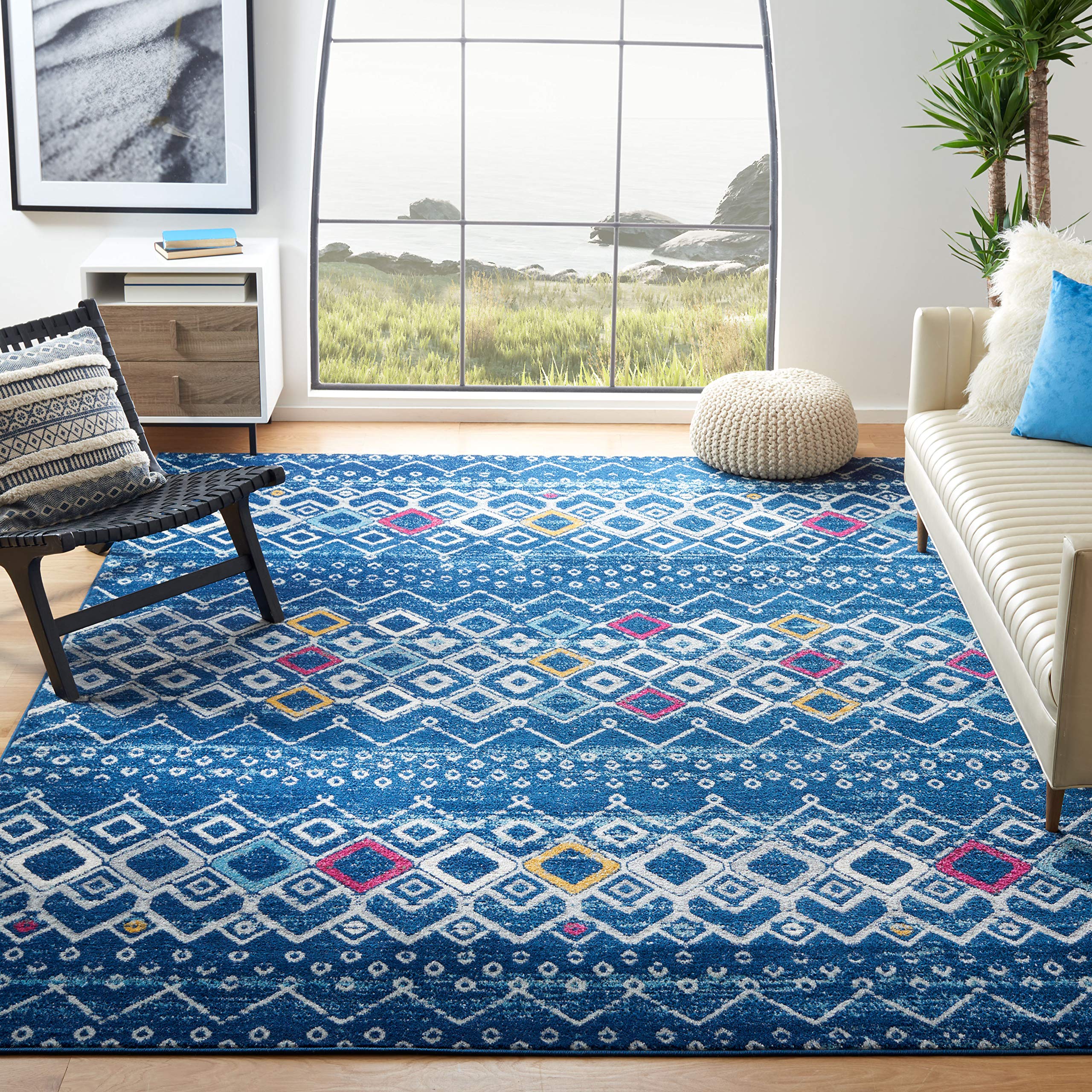 SAFAVIEH Amsterdam Collection Area Rug - 6'7'' Square, Navy & Turquoise, Moroccan Boho Design, Non-Shedding & Easy Care, Ideal f