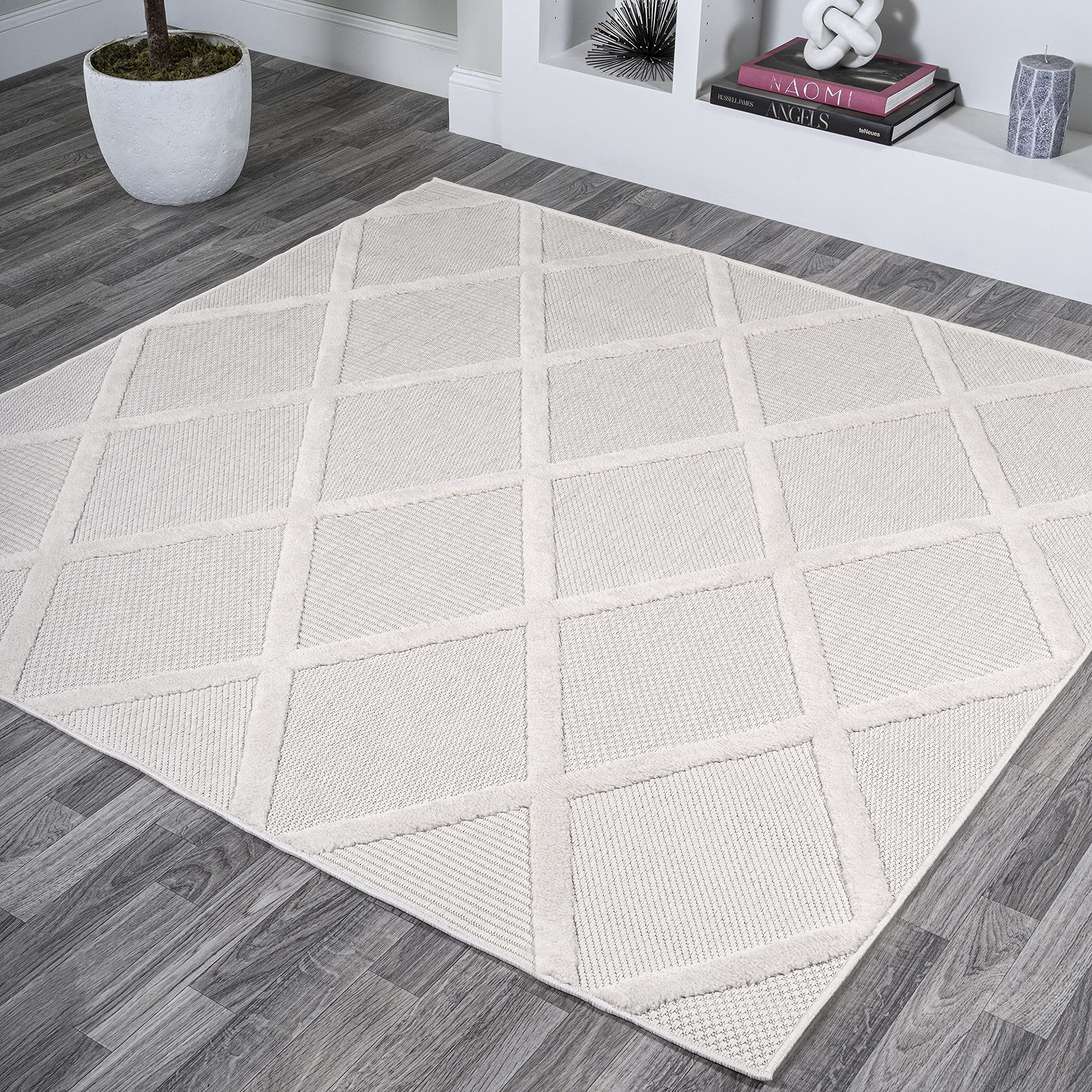 Jonathan Y Ibz101D-5Sq Salines Diamond Trellis Indoor Outdoor Area Rug Bohemian Geometric Easy Cleaning Bedroom Kitchen Backyard