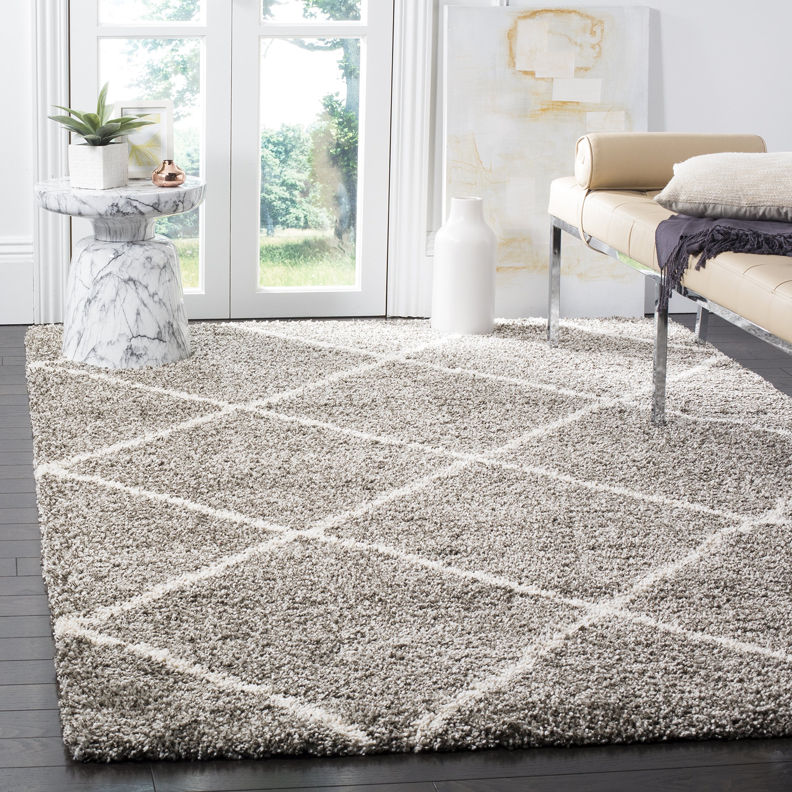 SAFAVIEH Hudson Shag Collection Area Rug - 10 x 14, Grey & Ivory, Modern Trellis Design, Non-Shedding & Easy Care, 2-inch Thic
