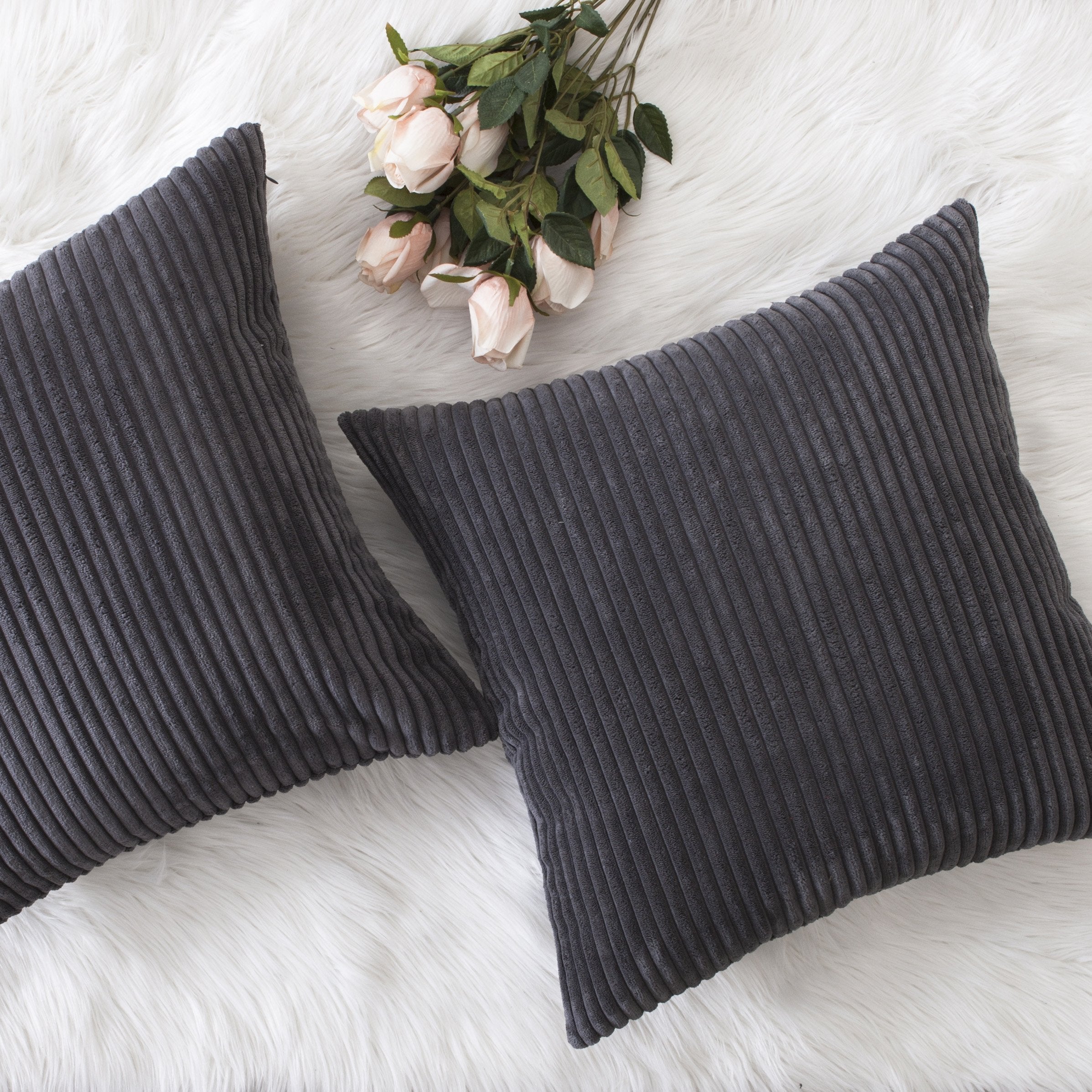Home Brilliant Grey Pillow Covers 18 X 18 Set Of 2 Soft Decorative Striped Corduroy Velvet Square Throw Pillow Cover For Sofa Co