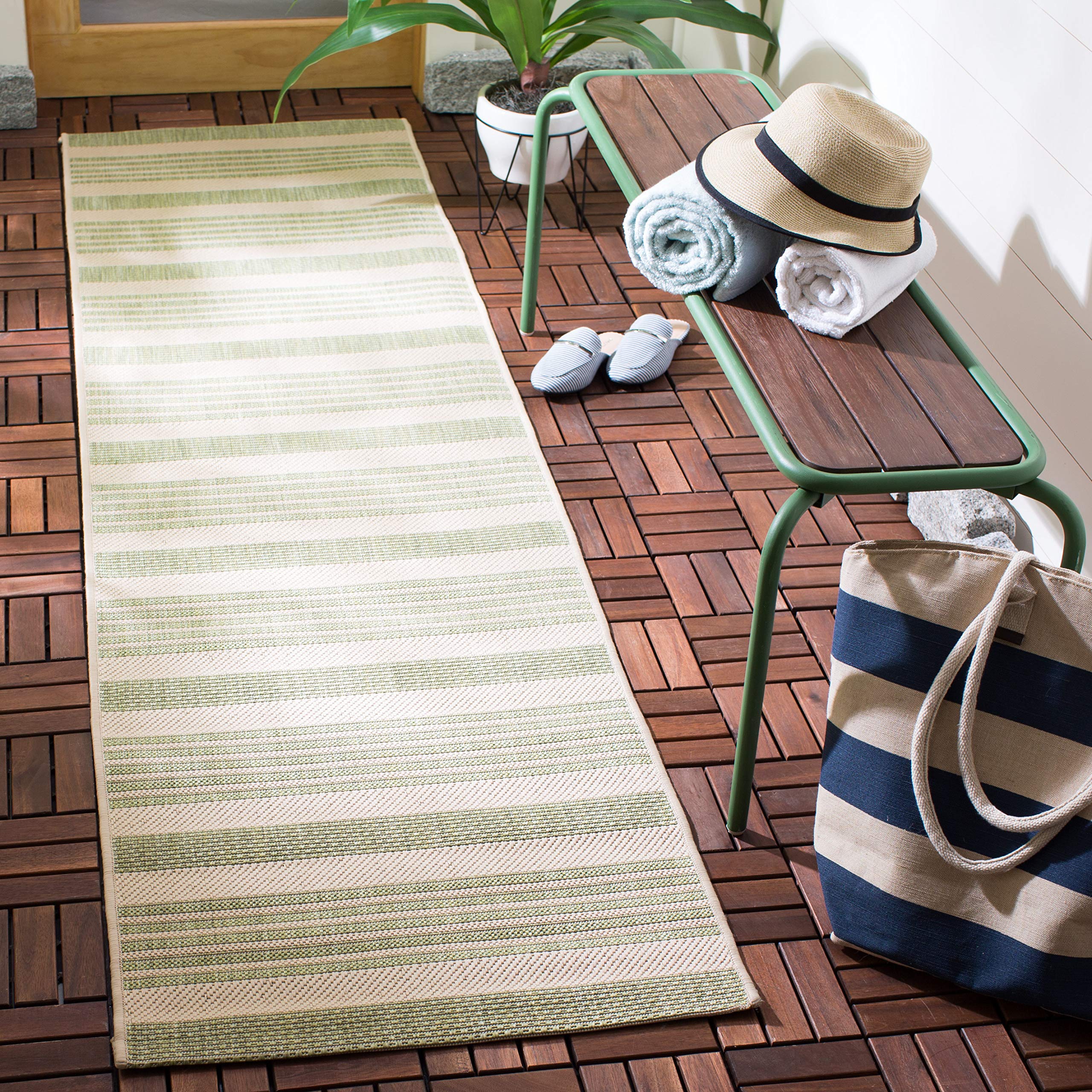 Safavieh Courtyard Collection 2'3' X 12' Beige/Sweet Pea Cy6062 Stripe Indoor/ Outdoor Patio Backyard Mudroom Runner Rug
