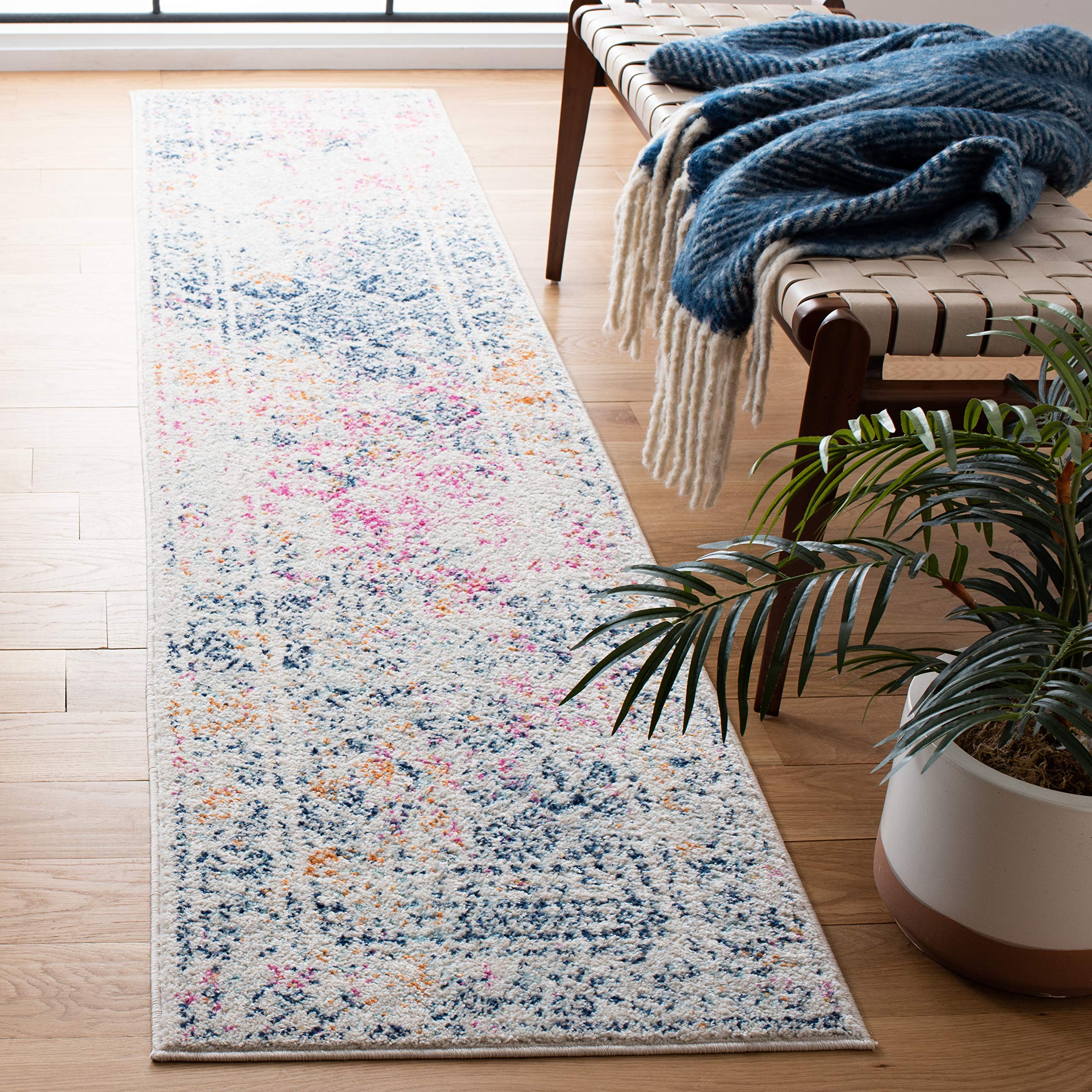 SAFAVIEH Tulum Collection Ivory / Dark Blue TUL264D Moroccan Boho Distressed Non-Shedding Living Room Bedroom Runner Rug, 20 x 