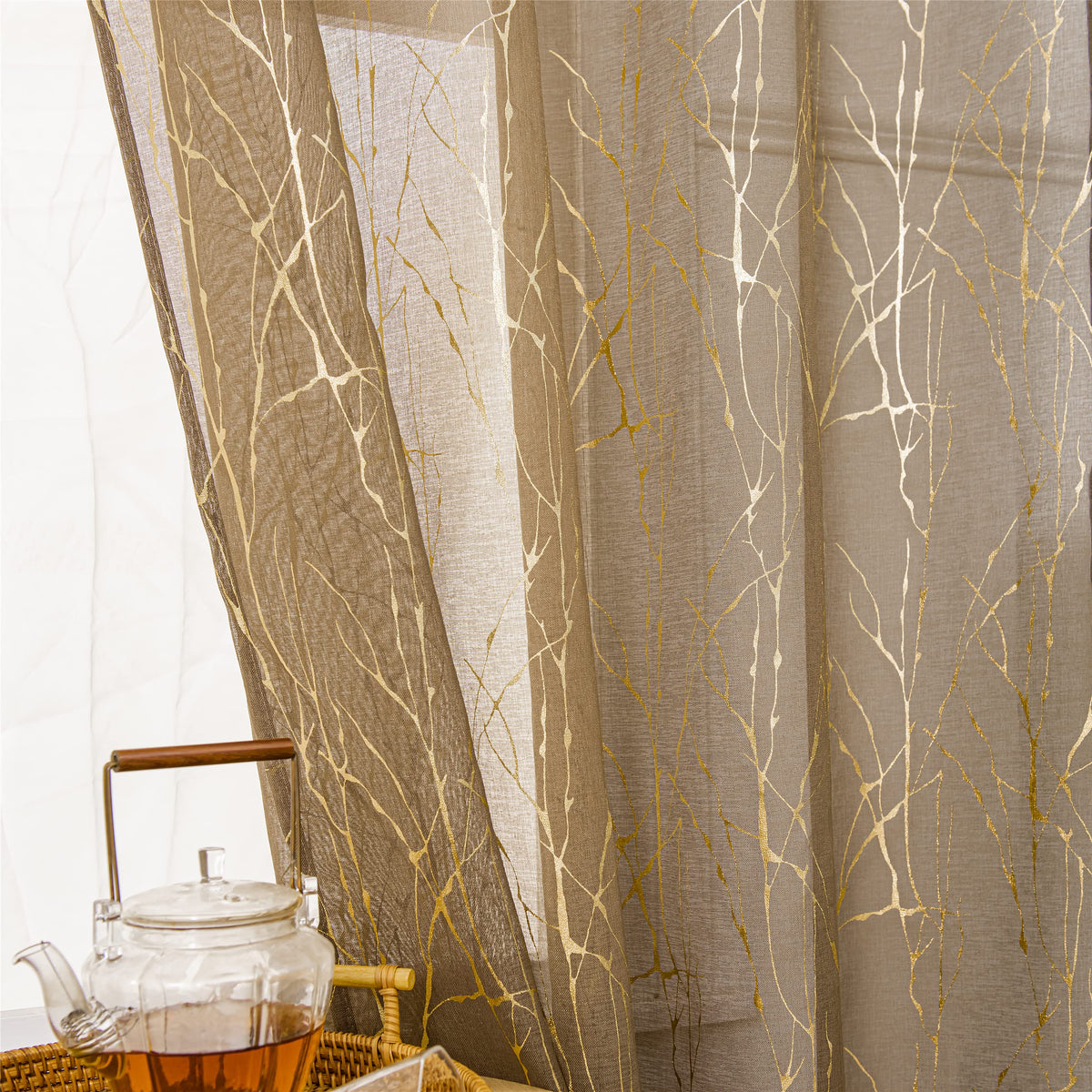 Deeprove Sheer Curtains 63 Inch Length 2 Panels, Tree Branch Gold Foil Print Metallic For Bedroom Abstract Christmas Decor, Voil