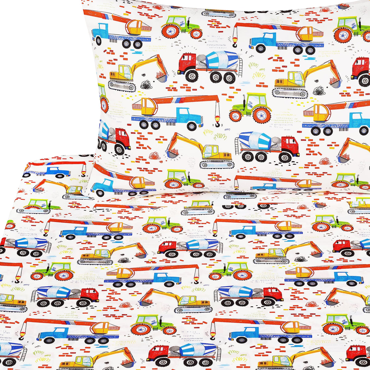 J-Pinno Building Machine Excavator Concrete Mixer Tracor Crane Cars Twin Sheet Set For Kids Girls Boys Children,100% Cotton, Fla