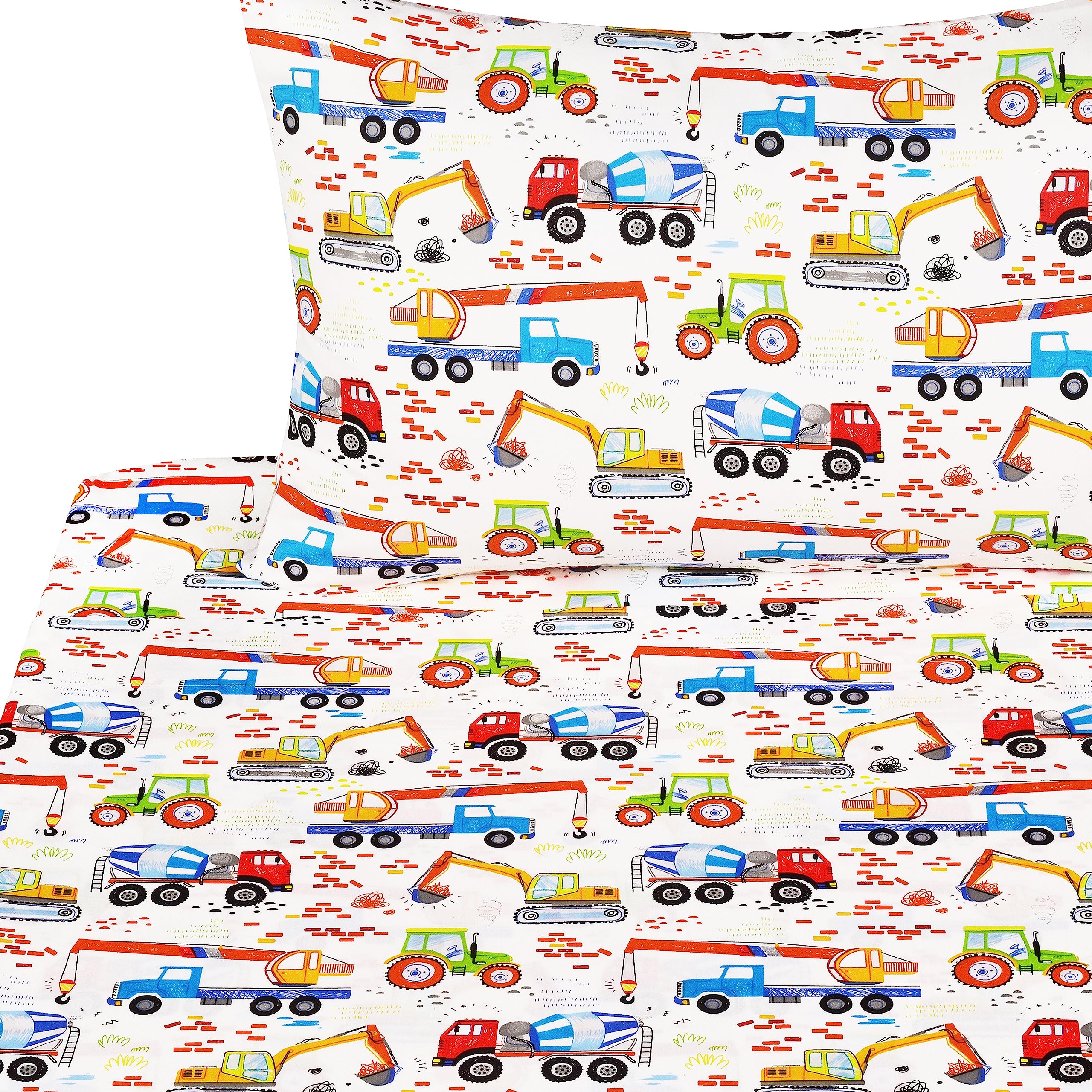 J-Pinno Building Machine Excavator Concrete Mixer Tracor Crane Cars Twin Sheet Set For Kids Girls Boys Children,100% Cotton, Fla
