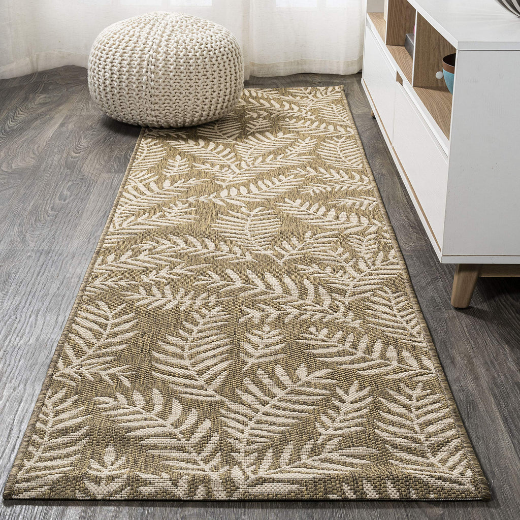 Jonathan Y Smb119A-210 Nevis Palm Frond Indoor Outdoor Area Rug Coastal Floral Easy Cleaning Bedroom Kitchen Backyard Patio Non Shedding, 2 X 10, Brown/Beige
