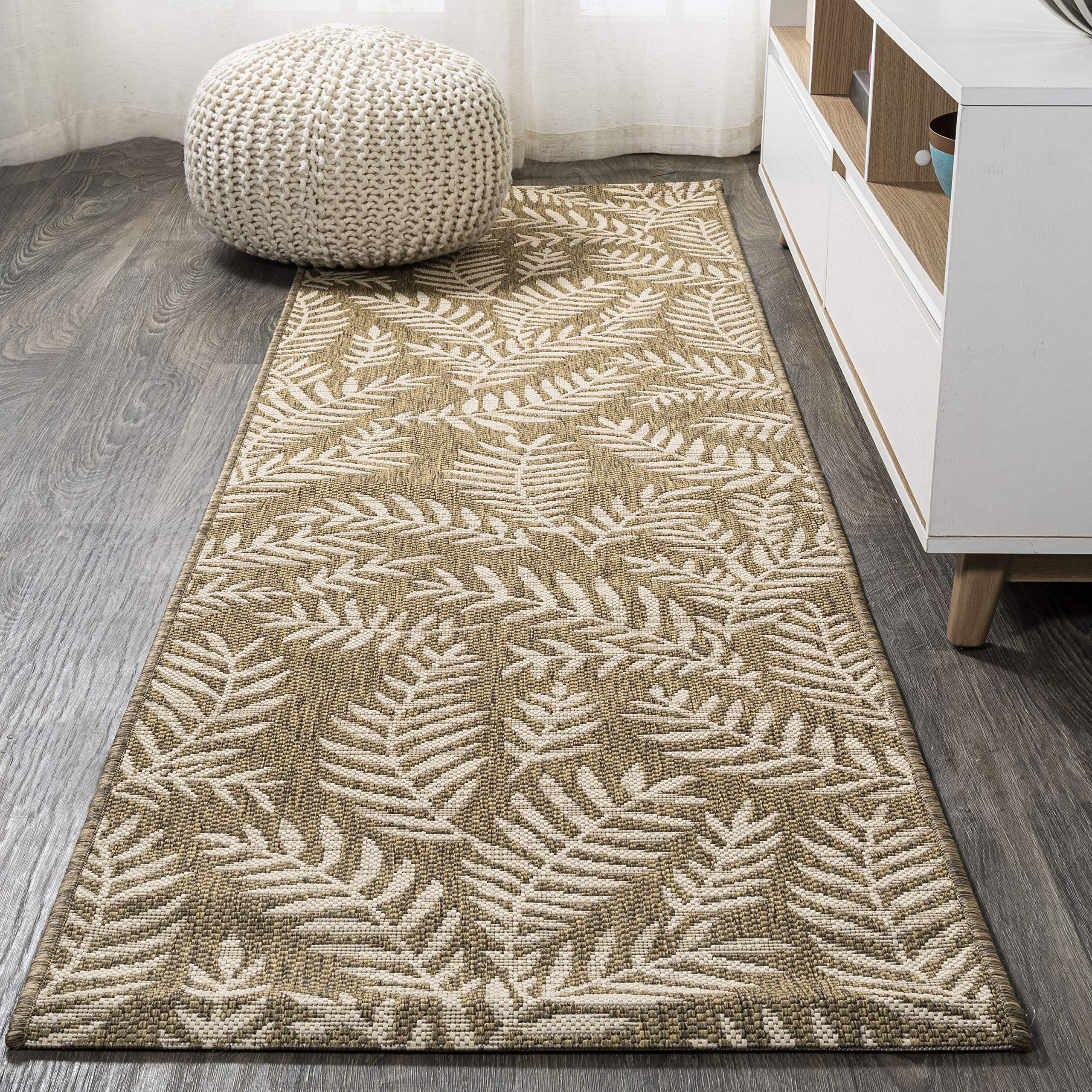 Jonathan Y Smb119A-210 Nevis Palm Frond Indoor Outdoor Area Rug Coastal Floral Easy Cleaning Bedroom Kitchen Backyard Patio Non Shedding, 2 X 10, Brown/Beige
