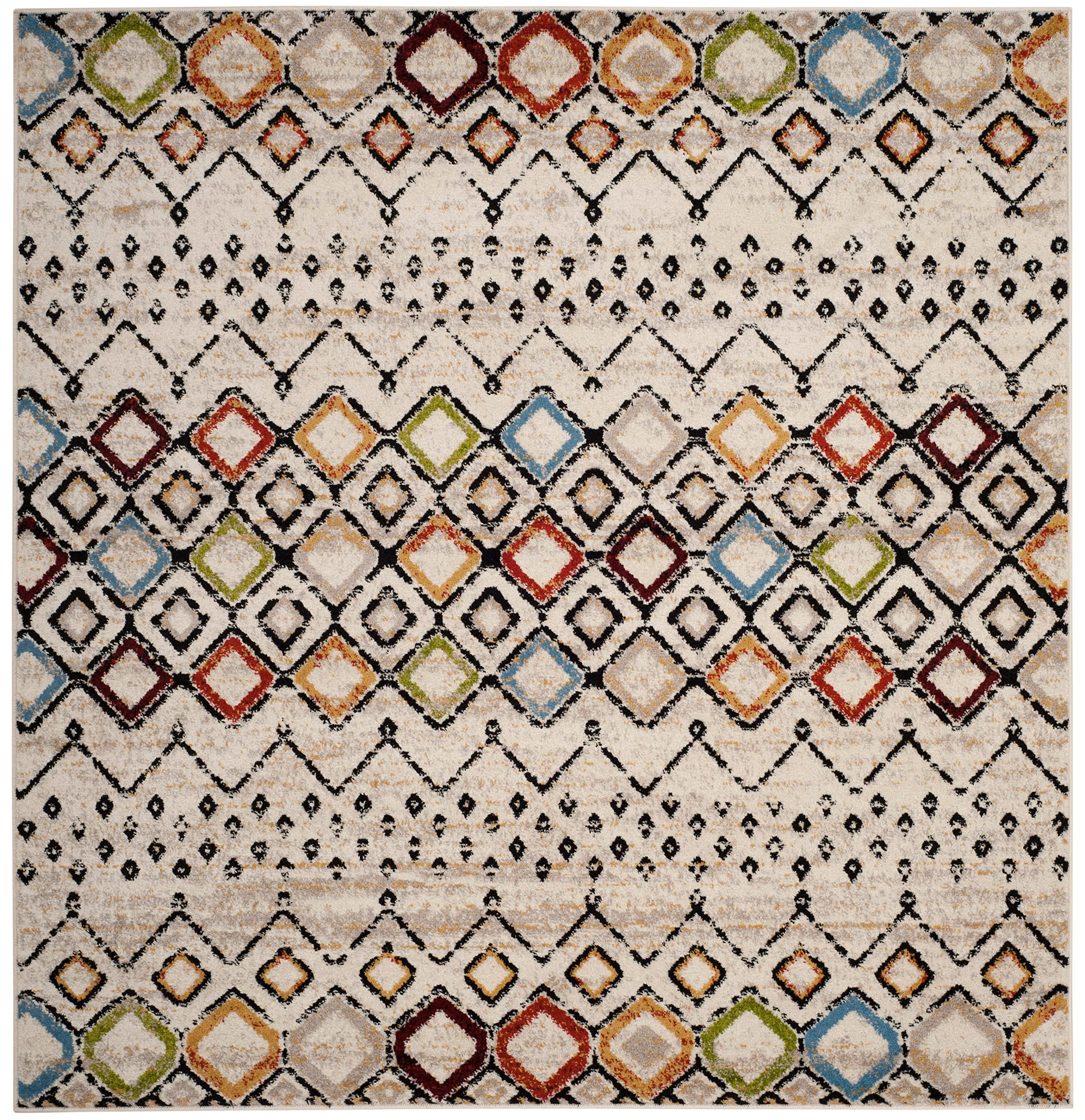 Safavieh Amsterdam Collection Area Rug - 8' Square, Ivory & Multi, Moroccan Boho Design, Non-Shedding & Easy Care, Ideal For Hig