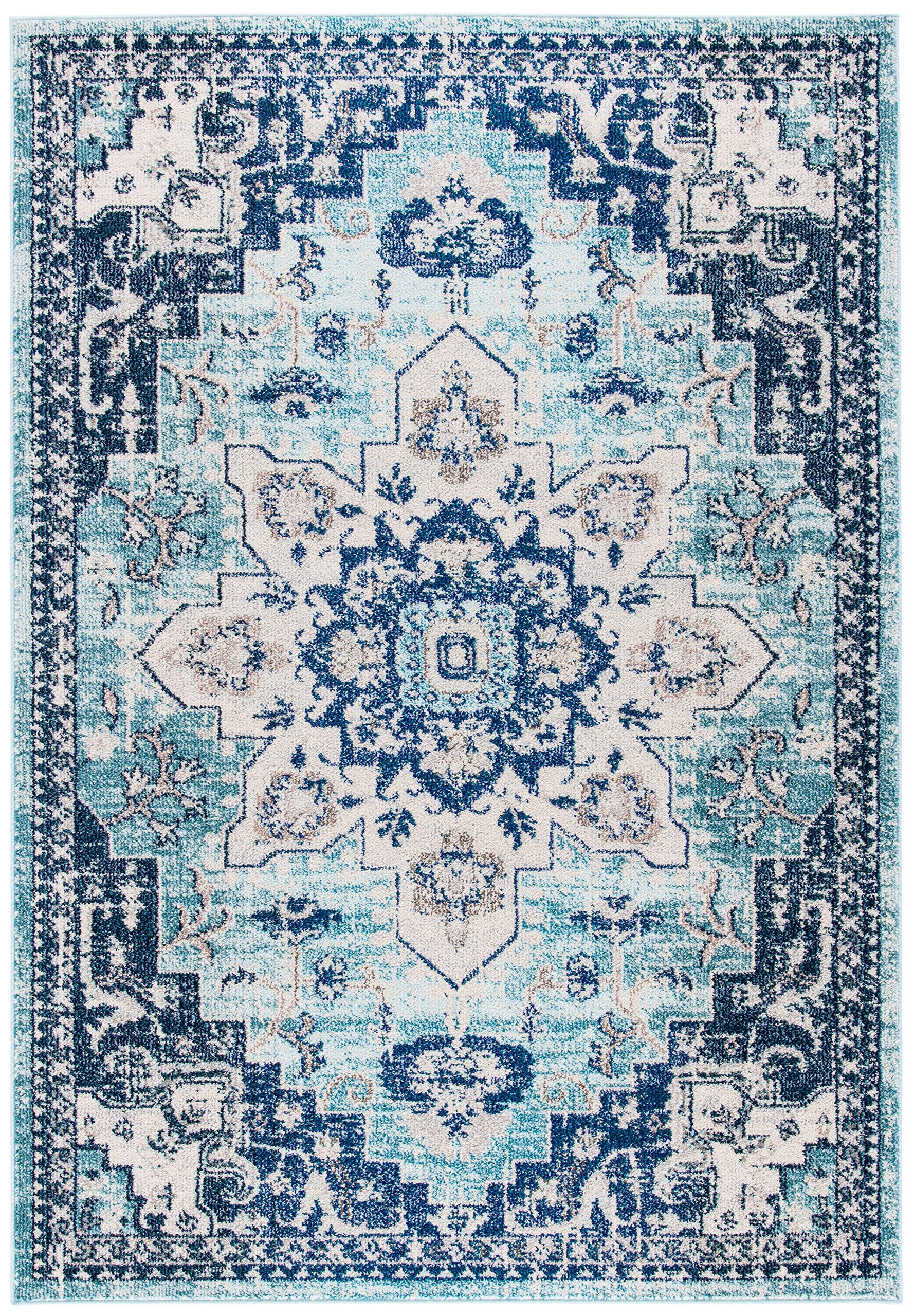 SAFAVIEH Madison Collection Accent Rug - 22 x 4, Teal & Navy, Medallion Distressed Design, Non-Shedding & Easy Care, Ideal for