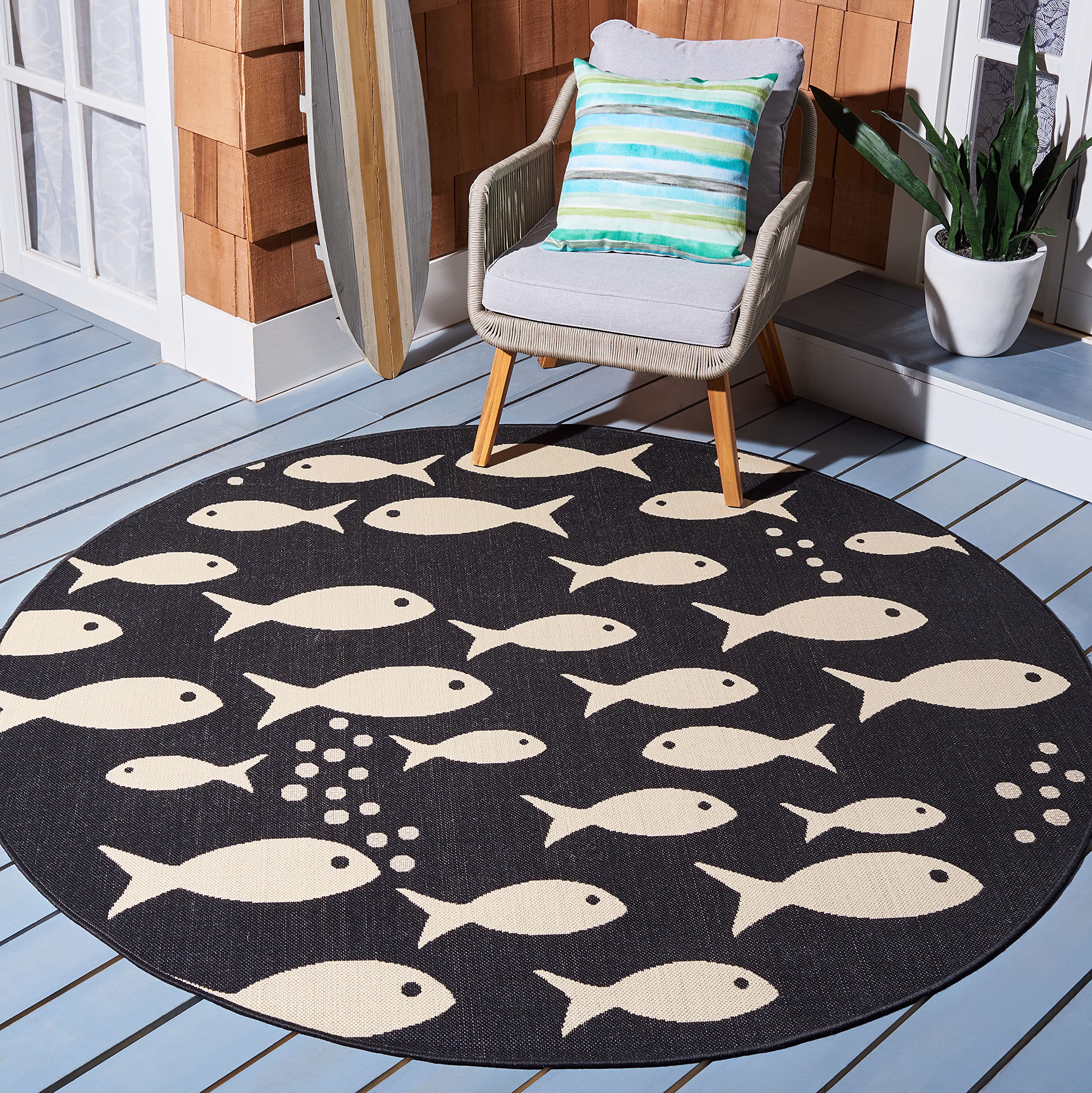 Safavieh Courtyard Collection 6'7' Round Black/Beige Cy6012 Indoor/ Outdoor Waterproof Easy Cleaning Patio Backyard Mudroom Are