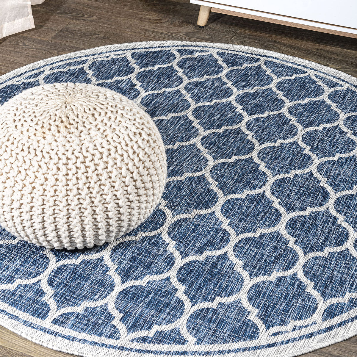 Jonathan Y Smb109D-6R Trebol Moroccan Trellis Textured Weave Navy/Gray 6' Round Indoor/Outdoor Area Rug, Pet Friendly, Non-Shedd