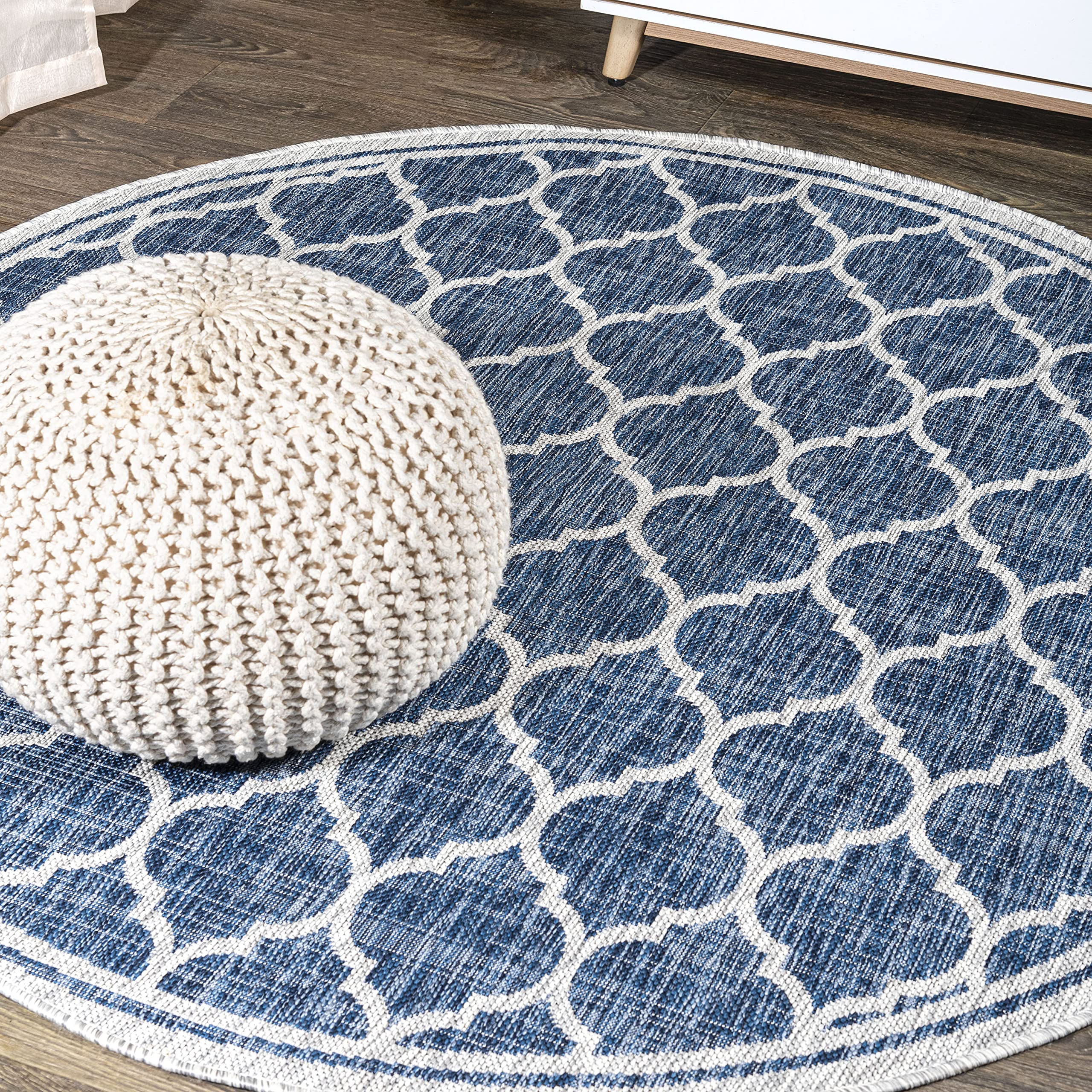 Jonathan Y Smb109D-4R Trebol Moroccan Trellis Textured Weave Navy/Gray 4' Round Indoor/Outdoor Area Rug, Pet Friendly, Non-Shedd