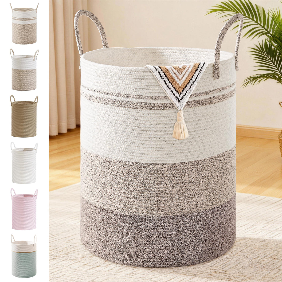 100L Extra Large Tall Cotton Rope Laundry Basket with Handle, Brown Striped