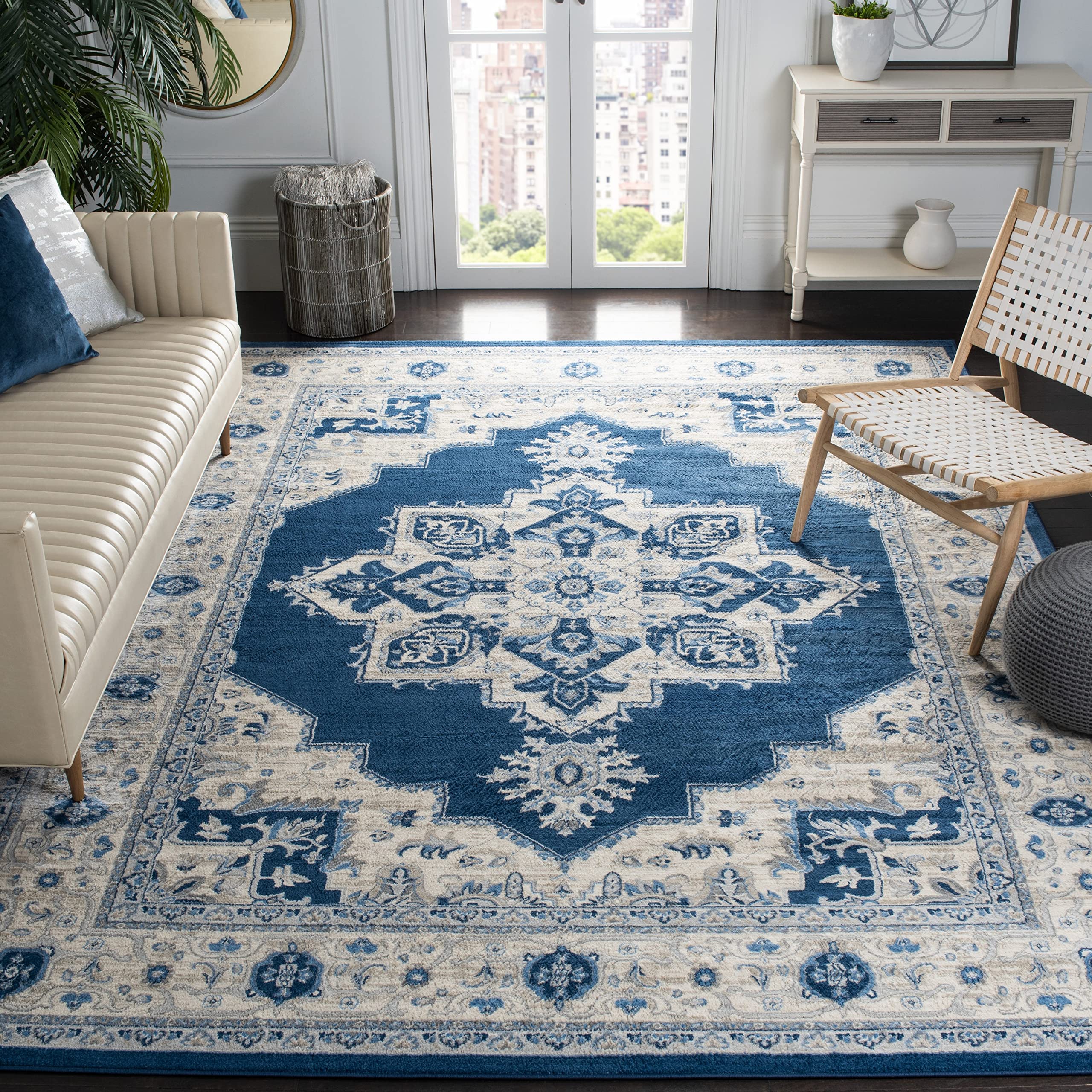 SAFAVIEH Brentwood Collection 4 x 6 Navy / Cream BNT865N Medallion Distressed Non-Shedding Living Room Bedroom Accent Rug