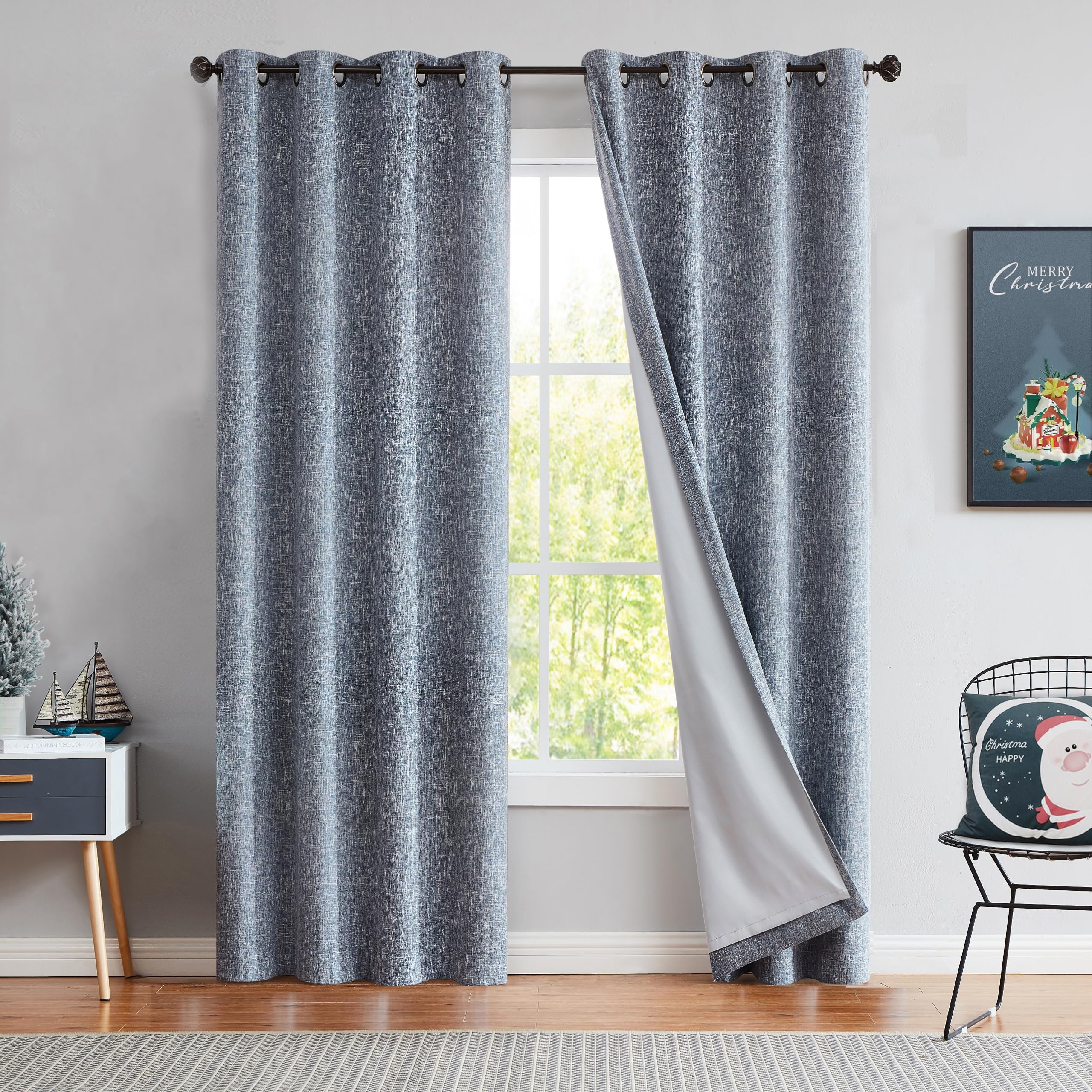 Navy Solid Full Blackout Curtain Heavy Linen Texture Window Treatment for Bedroom Noise Reducing Thermal Insulated Drapes 8 Grom