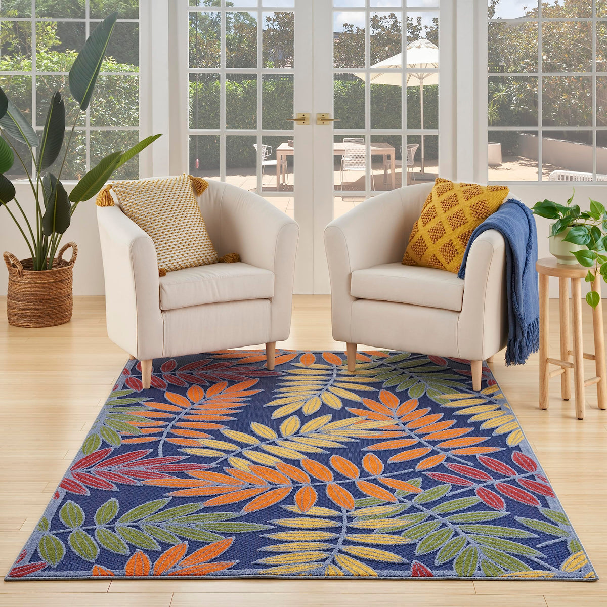 Nourison Aloha Indoor-Outdoor Navy Multicolor 6' X 9' Area Rug, Easy Cleaning, Non Shedding, Bed Room, Living Room, Dining Room, Backyard, Deck, Patio (6X9)