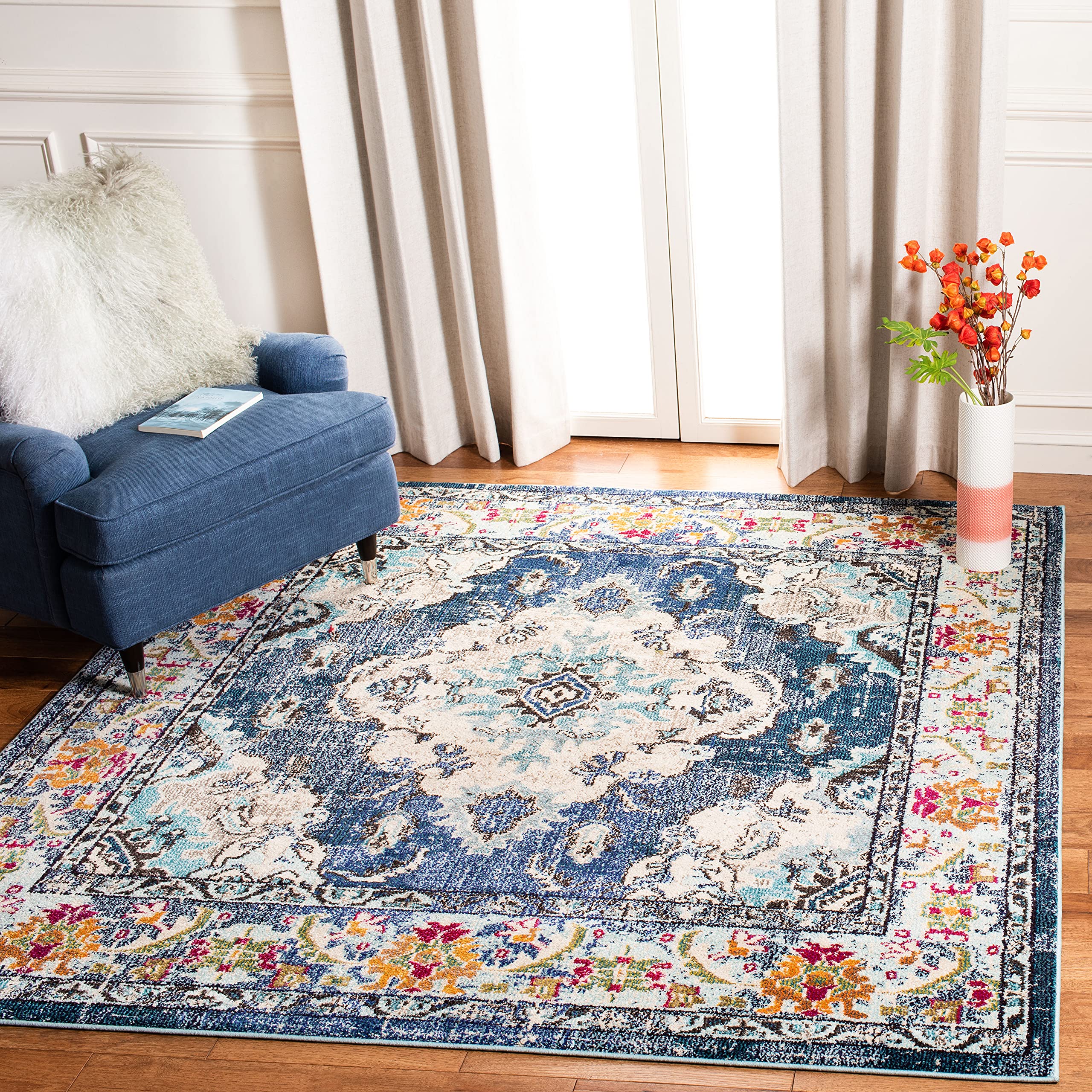 SAFAVIEH Monaco Collection 12 Square Navy/Light Blue MNC243N Boho Chic Medallion Distressed Non-Shedding Living Room Bedroom Di