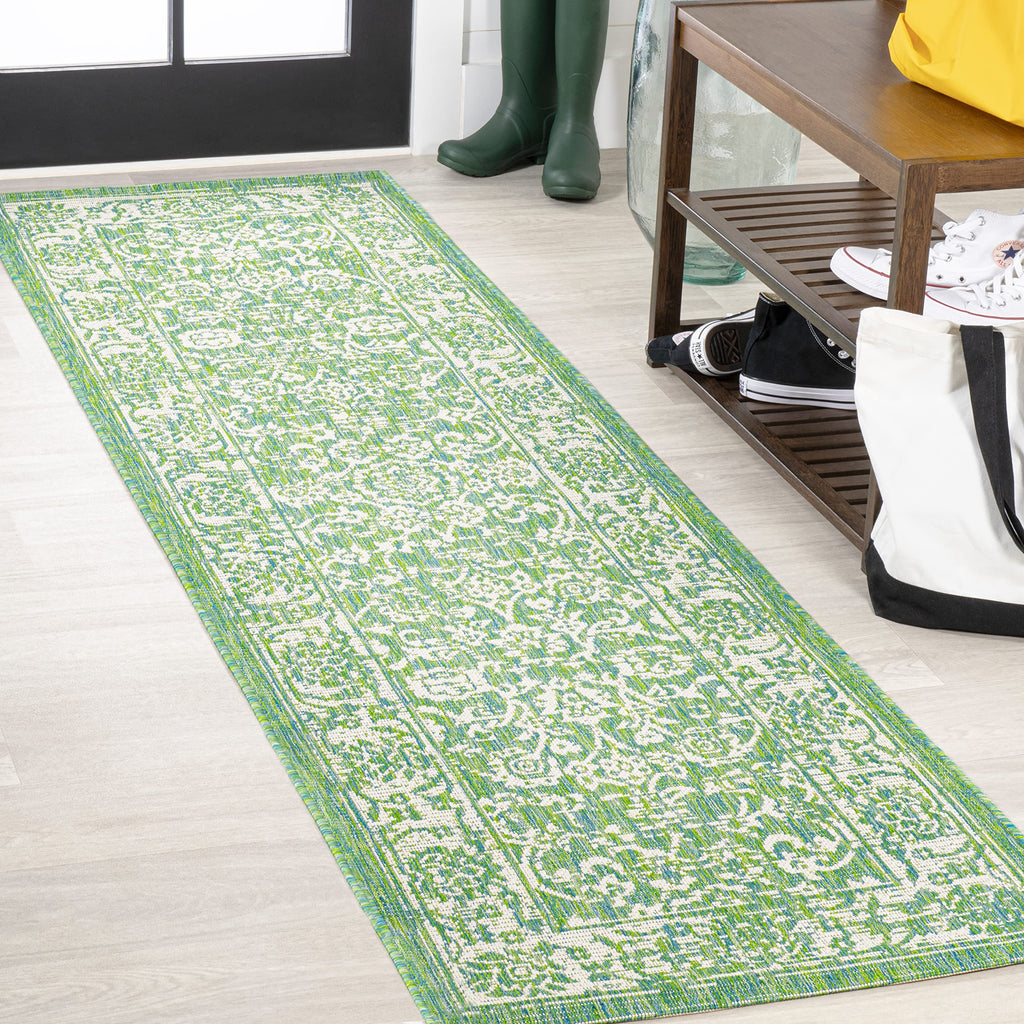 Jonathan Y Smb100F-28 Tela Bohemian Textured Weave Floral Indoor Outdoor Area-Rug, Coastal, Traditional, Transitional Easy-Cleaning,Bedroom,Kitchen,Backyard,Patio,Non Shedding, Cream/Green, 2 X 8