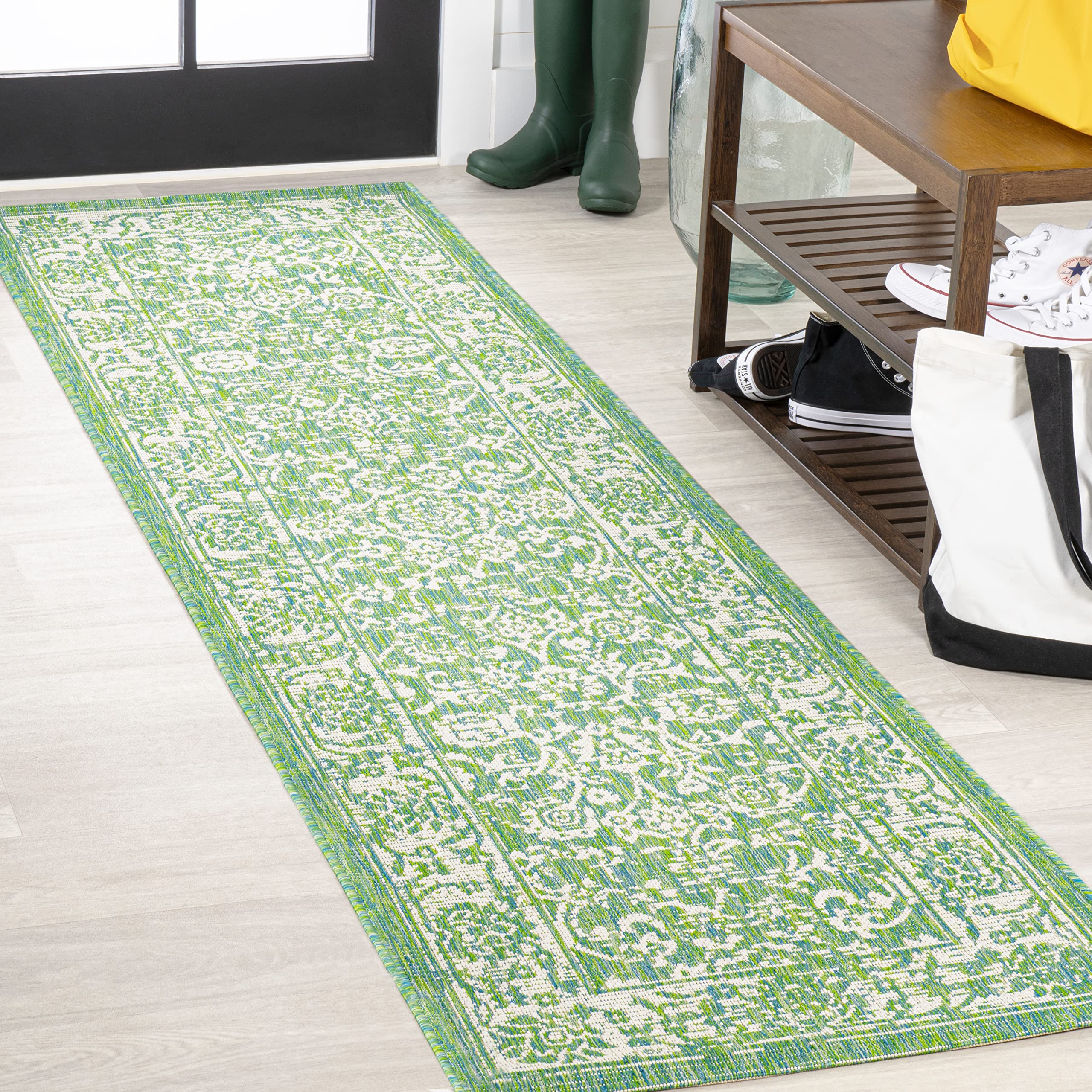 Jonathan Y Smb100F-28 Tela Bohemian Textured Weave Floral Indoor Outdoor Area-Rug, Coastal, Traditional, Transitional Easy-Cleaning,Bedroom,Kitchen,Backyard,Patio,Non Shedding, Cream/Green, 2 X 8