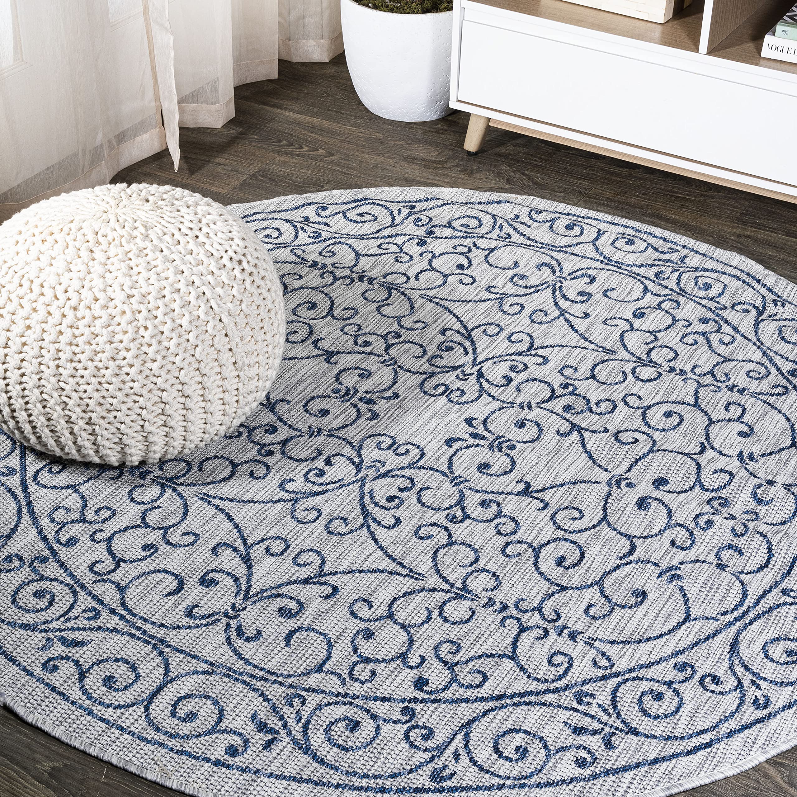 Jonathan Y Smb106C-6R Charleston Vintage Filigree Textured Weave Gray/Navy 6' Round Indoor/Outdoor Area Rug, Pet Friendly, Non-S