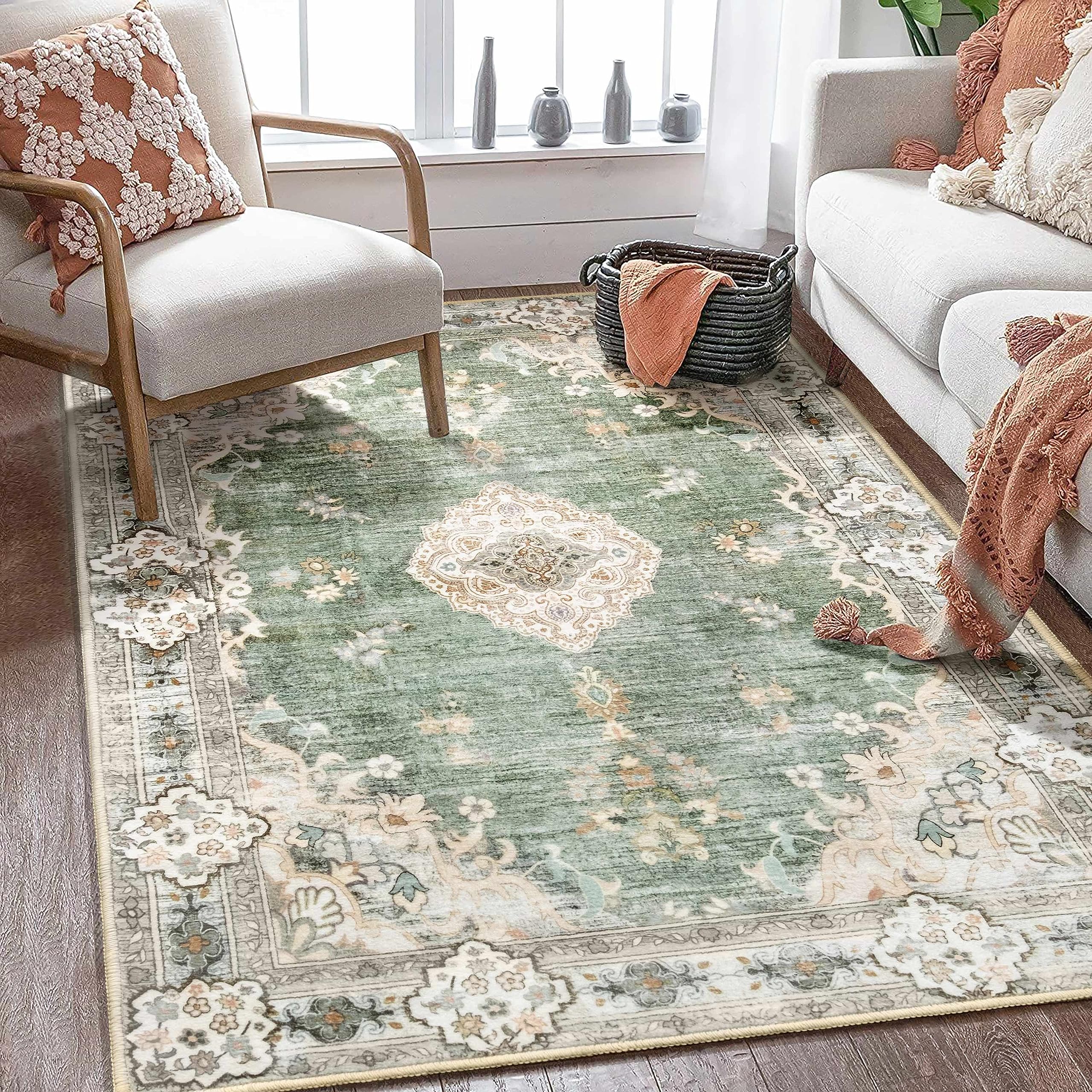 MUJOO Boho Rug 4x6.5 Area Rugs for Bedroom Living Room Dining Room Green Small Rugs Machine Washable Non Slip Carpet for Offic