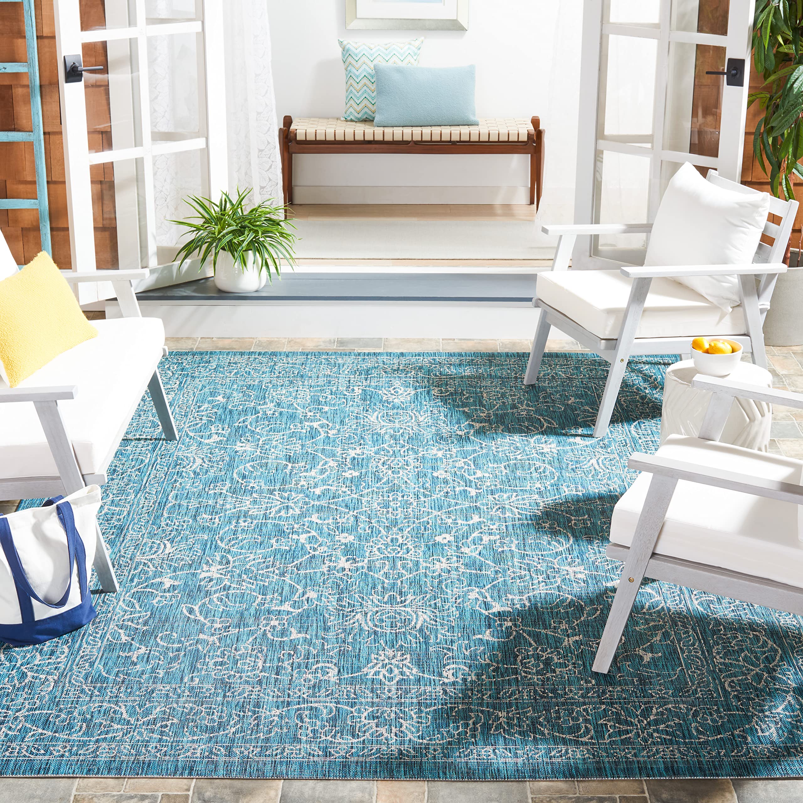 Safavieh Courtyard Collection 6'7'' Square Turquoise Cy8680 Indoor/ Outdoor Patio Backyard Mudroom Area Rug