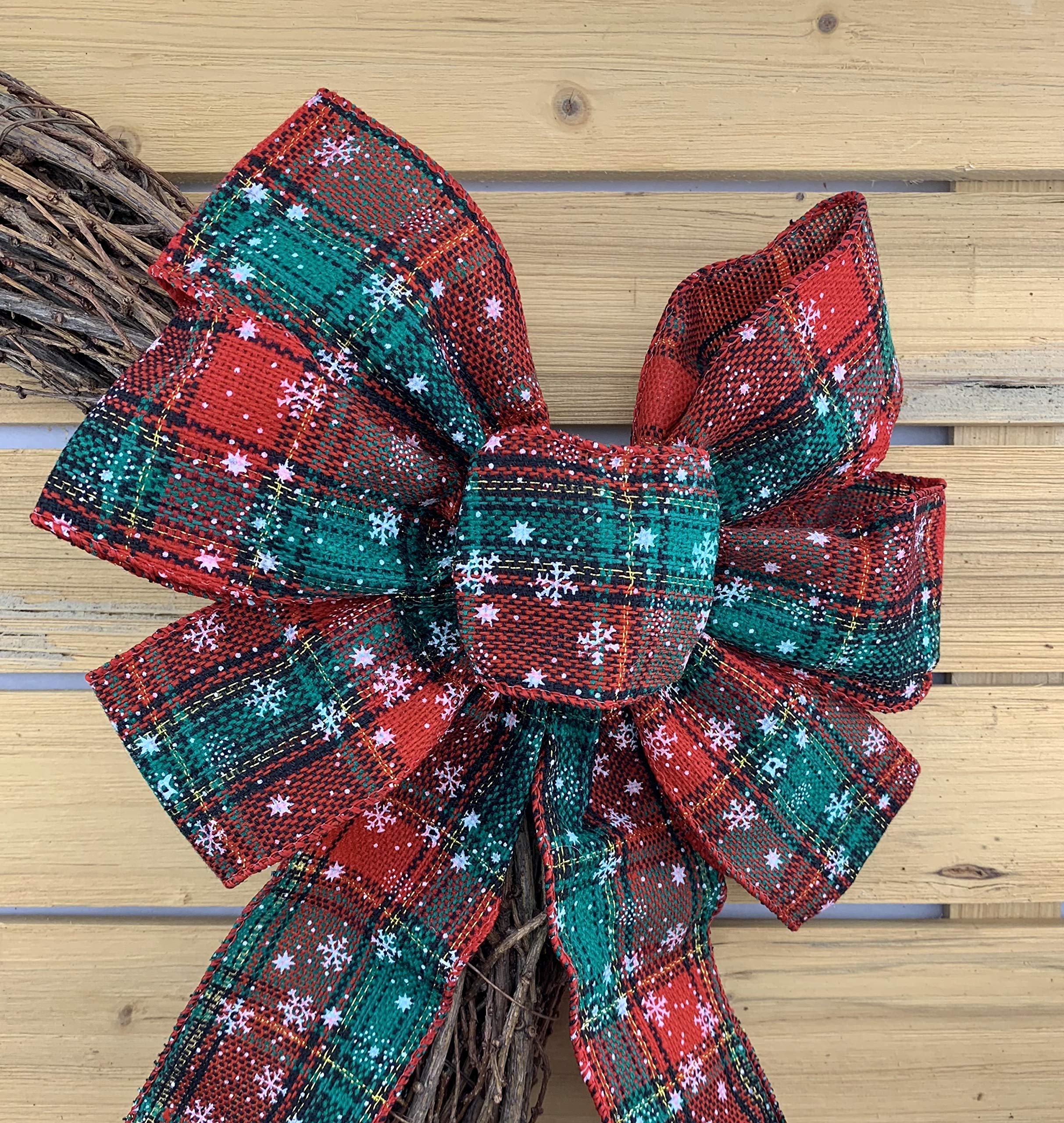 Snowflake Plaid Christmas Wreath Bow - 10' Wide, 18' Long Pre-Tied Bow, Door Decoration, Gift Basket, Swag, Garland, Fall Deco